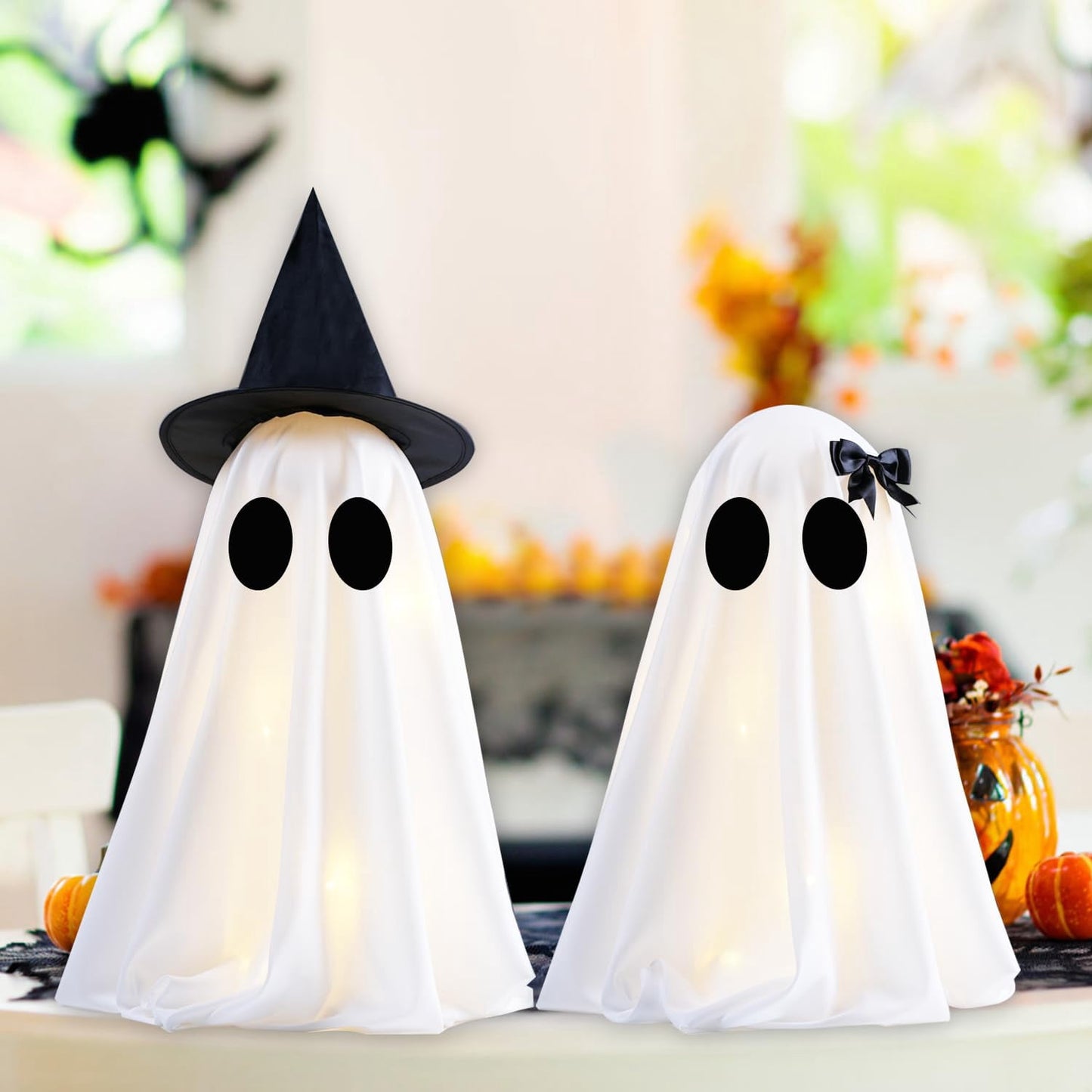 TETOU 2pcs Halloween Scary White Ghost Decor , Light Up DIY Scary White Ghost with Timer for Halloween Indoor Home Tabletop Mantel Decorations