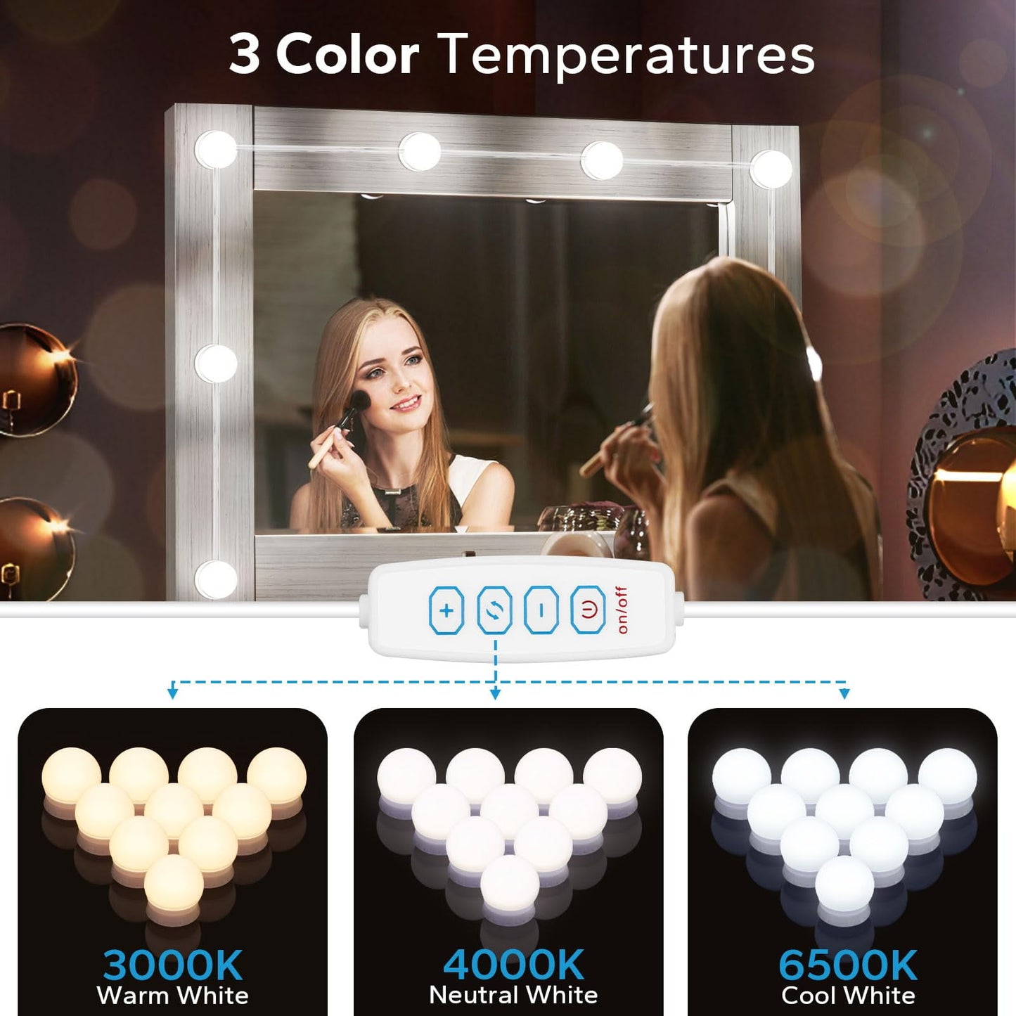 TETOU 10 LED Vanity Lights for Mirror 10 Level Brightness Adjustable USB Cable Makeup Dressing Room Bathroom Dimmable Light Bulbs