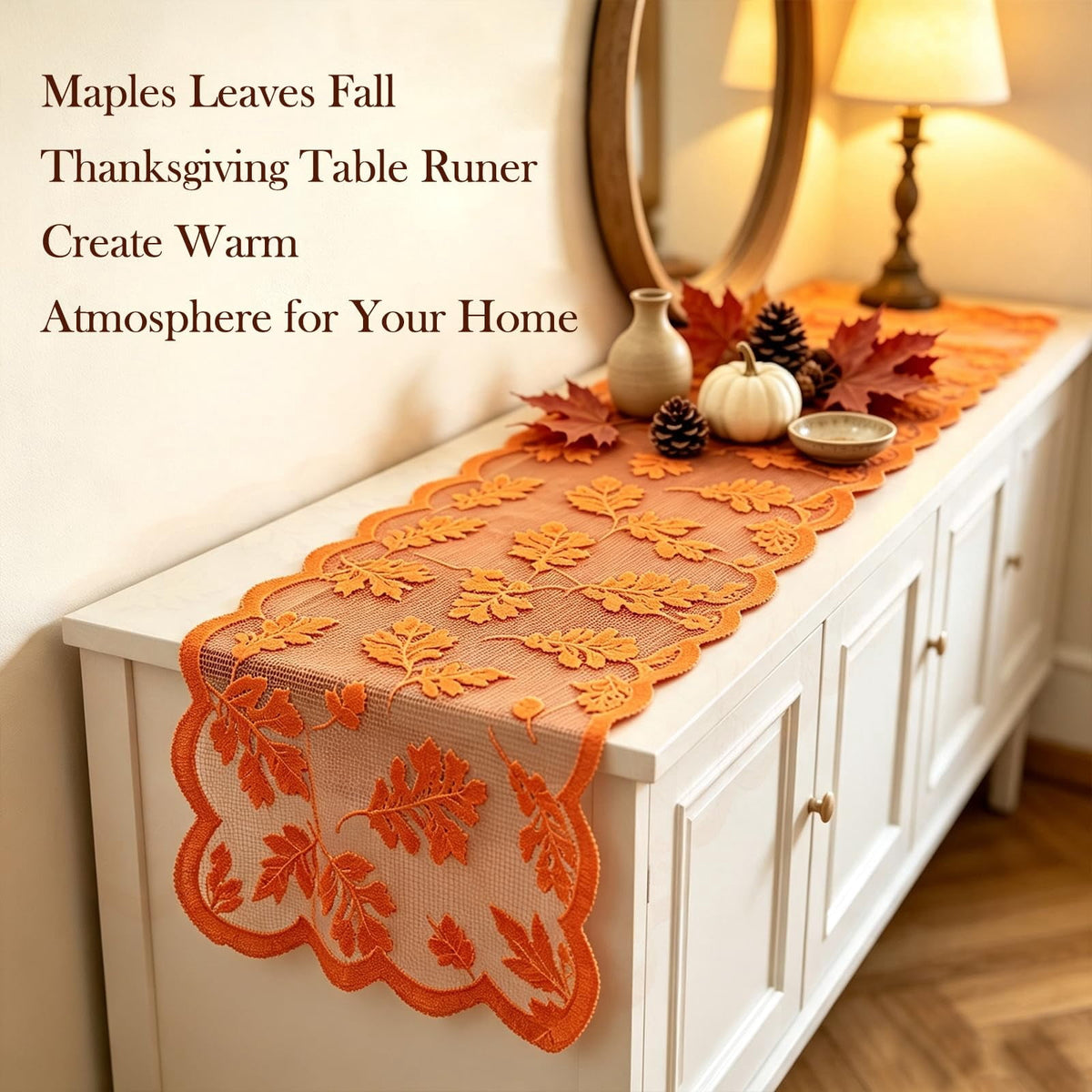 TETOU Fall Table Runner, 13x72 Inch Maples Leaves Lace Table Runner for Fall Autumn Farmhouse Home Halloween Thanksgiving Party Decoration
