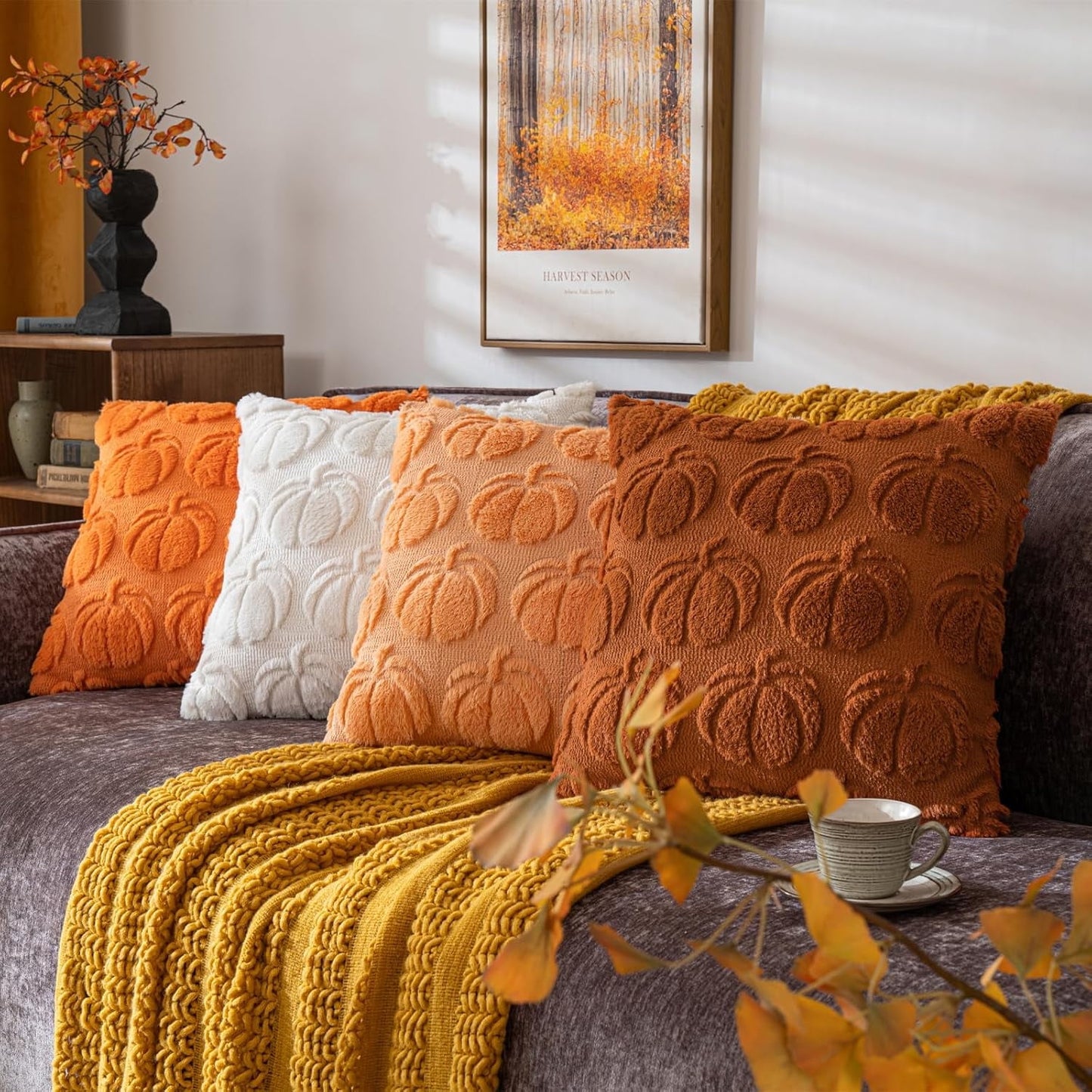 TETOU Fall Pillow Covers,18"x18"Set of 2 Fall Rust Red Pumpkin Pillow Cases,Soft Faux Fur Wool Couch Cushion for Sofa Bedroom Living Room Home Farmhouse Fall Halloween Thanksgiving Decor