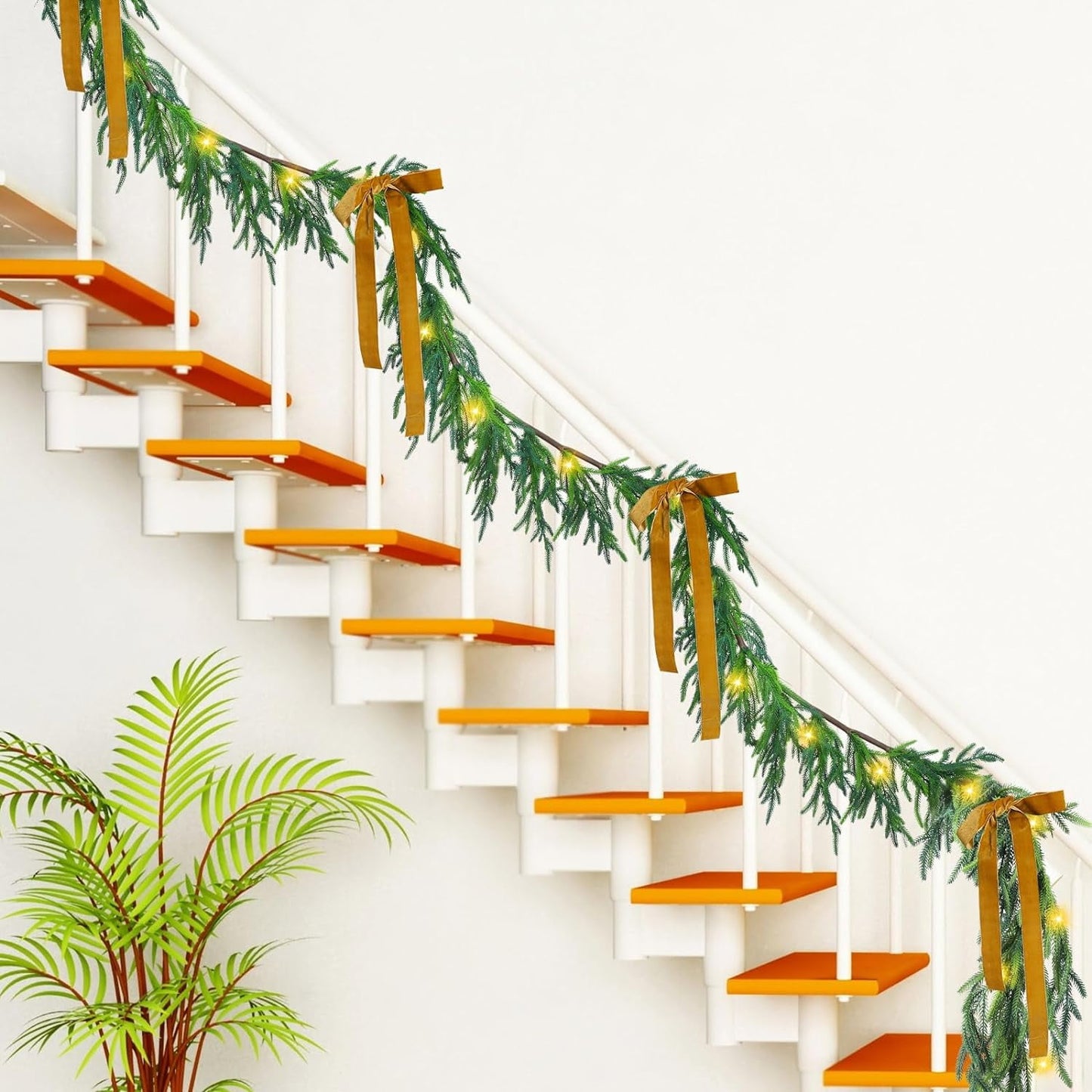 TETOU Norfolk Pine Garland Christmas Garlands with Warm White LED Lights Faux Greenery Pine Garland for Holiday Decor
