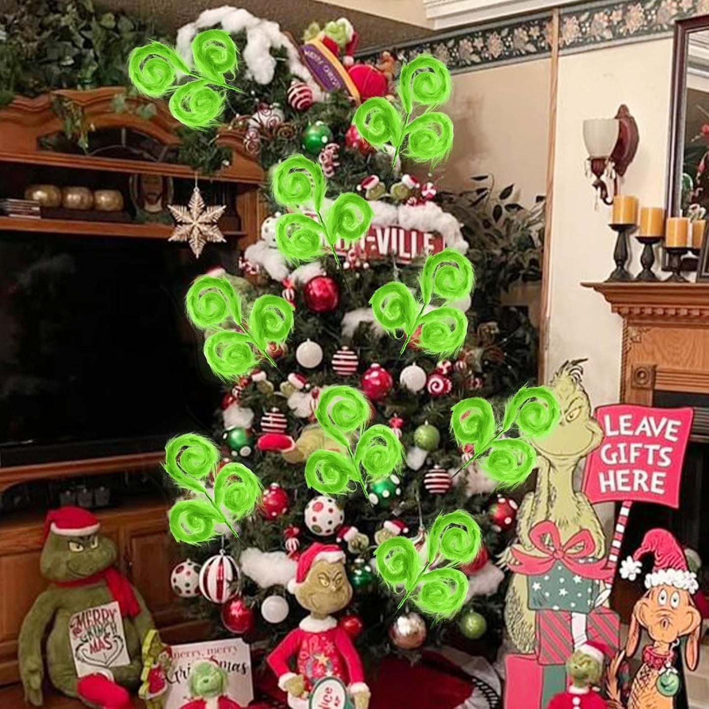 TETOU 6 Pcs Christmas Tree Topper,17 Inch Christmas Tree Picks,Green Curly Furry Christmas Tree Ornament for Christmas Tree Topper Filler Branches Home Holiday Party Decorations