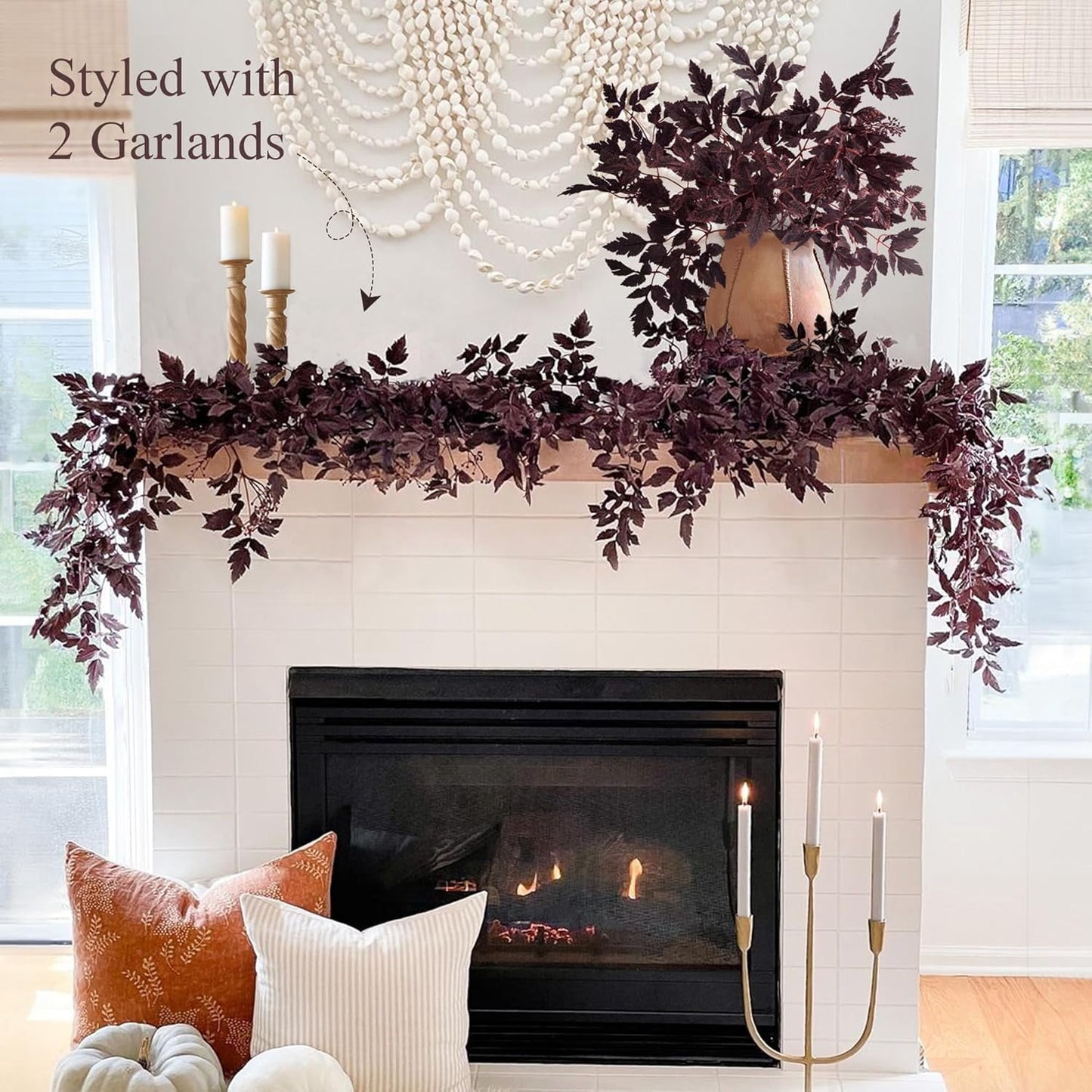 TETOU 2 Pcs Fall Garland for Mantle,6FT Plum Cimicifuga Seeded Fall Leaves Garland for Autumn Halloween Thanksgiving Harvest Home Fireplace Indoor Outdoor Decoration