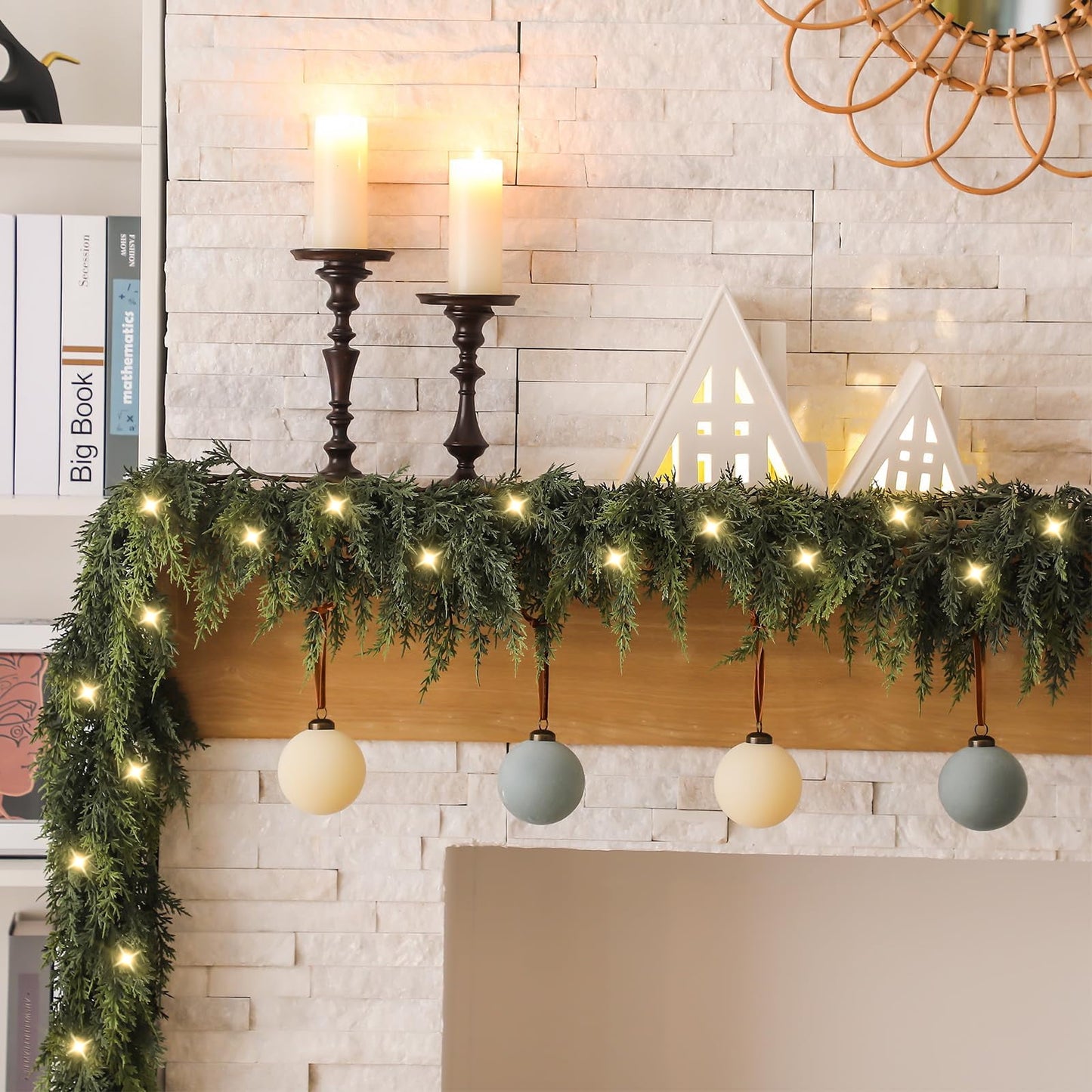 TETOU Christmas Cedar Garland with Lights,Artificial Realistic Cedar Pine Needles Greenery Garland for Christmas Holiday Winter Wall Mantle Fireplace Table Indoor Decor