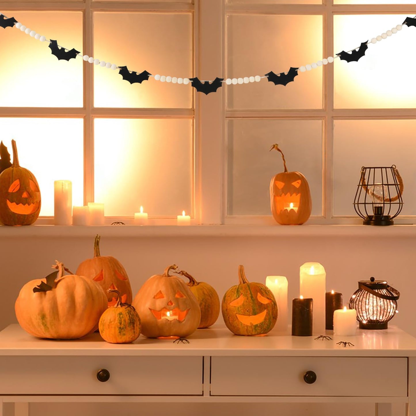 TETOU 4.9Ft Wood Halloween Felt Bats Bead Garland Banner for Farmhouse Halloween Fireplace Mantle Walls Decoration