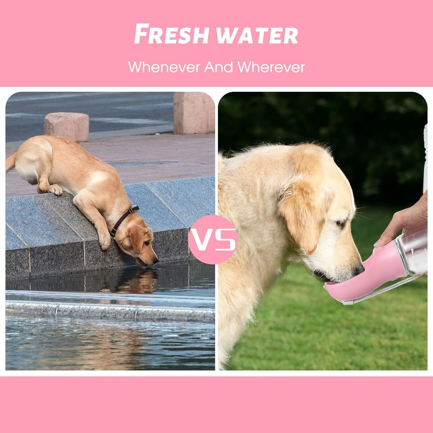 TETOU 10.2*2.7" Dog Water Bottle, 19oz Leak Proof Portable Puppy Water Dispenser with Drinking Feeder for Pets Outdoor Walking Hiking Travel Food Grade Plastic - Pink