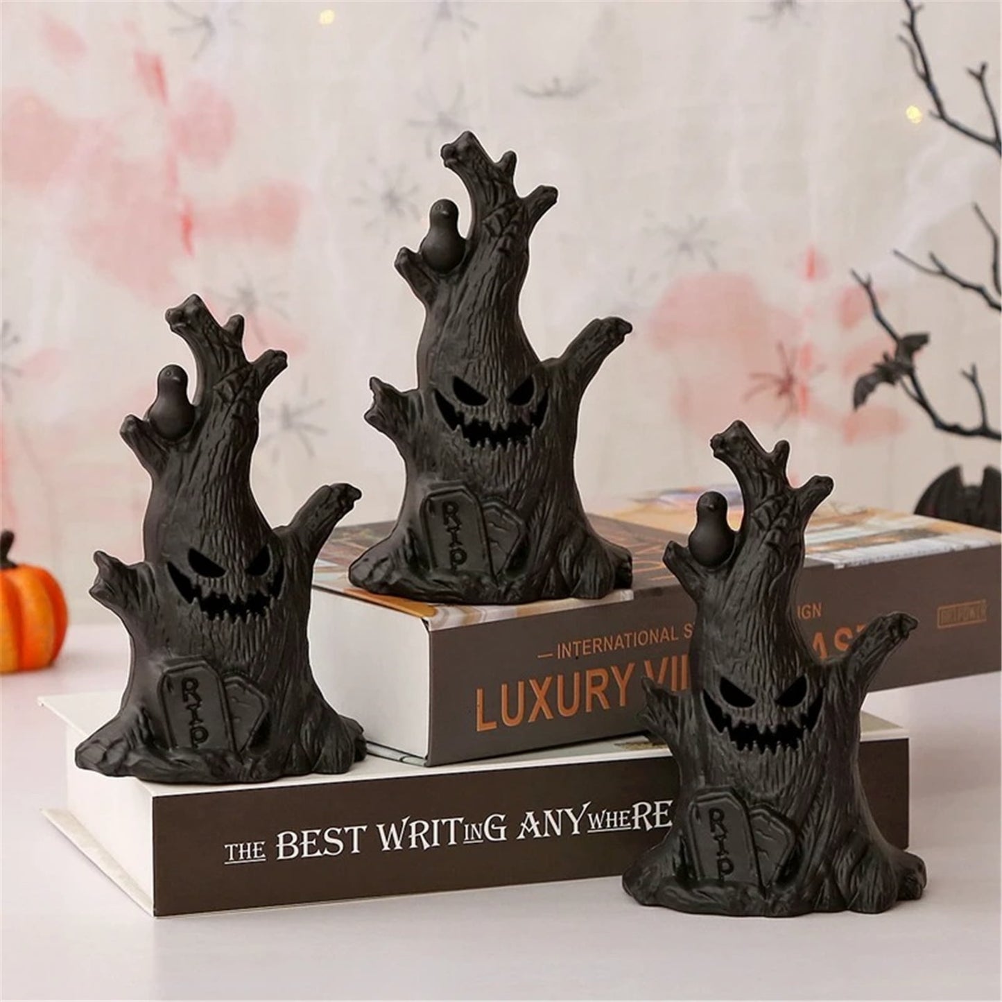 TETOU 3Pcs Halloween Ghost Tree Stump Light, Halloween Flameless LED Candle Holder Lights Battery Operated for Hallowe'en Party Table Home Spooky Decor - Black(Warm Light)