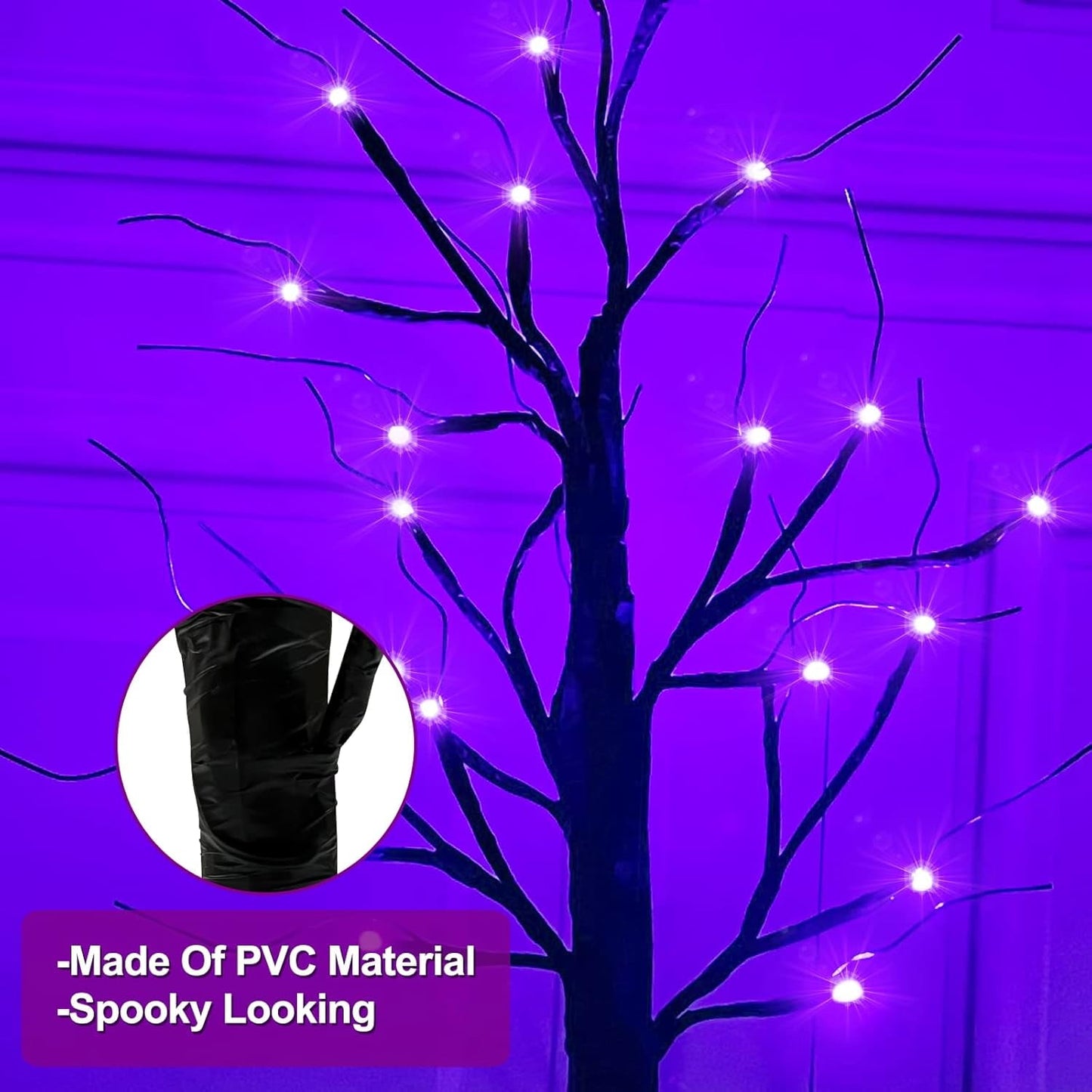 TETOU 2pcs-24inch Halloween Lighted Birches Tree,Total 24 LED Battery Operated Artificial Black Spooky Tree with Timer Hallowe'en Decoration for Fall Home,Bedroom,Office,Wedding,Indoor Party-Purple