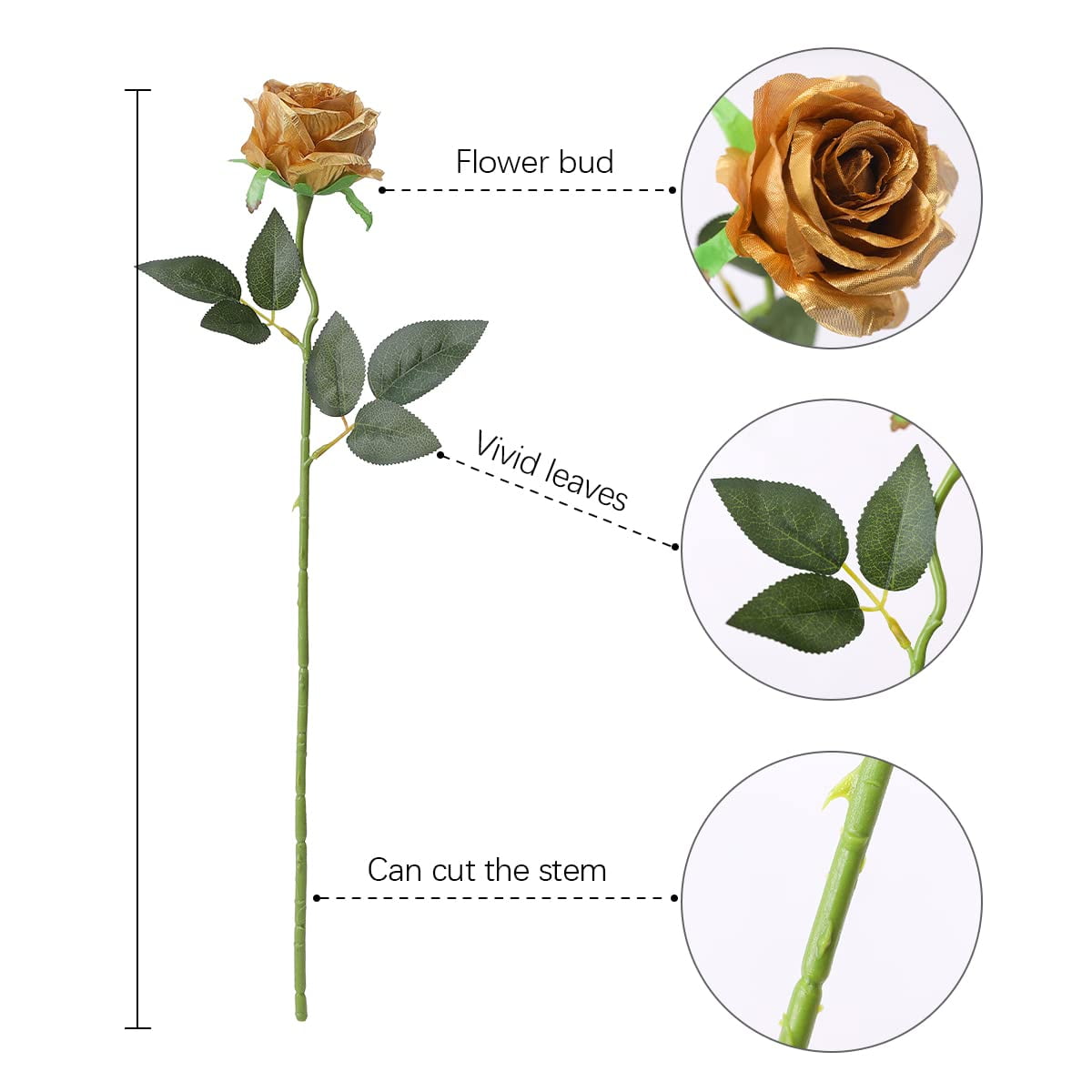 TETOU Gold Rose 10pcs Artificial Rose Flowers Silk Roses Real Touch for Party Bridal Wedding Bouquet Decor