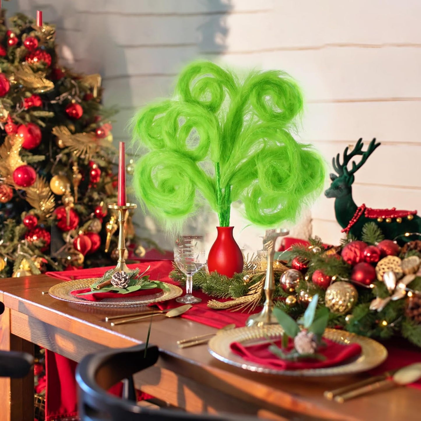TETOU 6 Pcs Christmas Tree Topper,17 Inch Christmas Tree Picks,Green Curly Furry Christmas Tree Ornament for Christmas Tree Topper Filler Branches Home Holiday Party Decorations