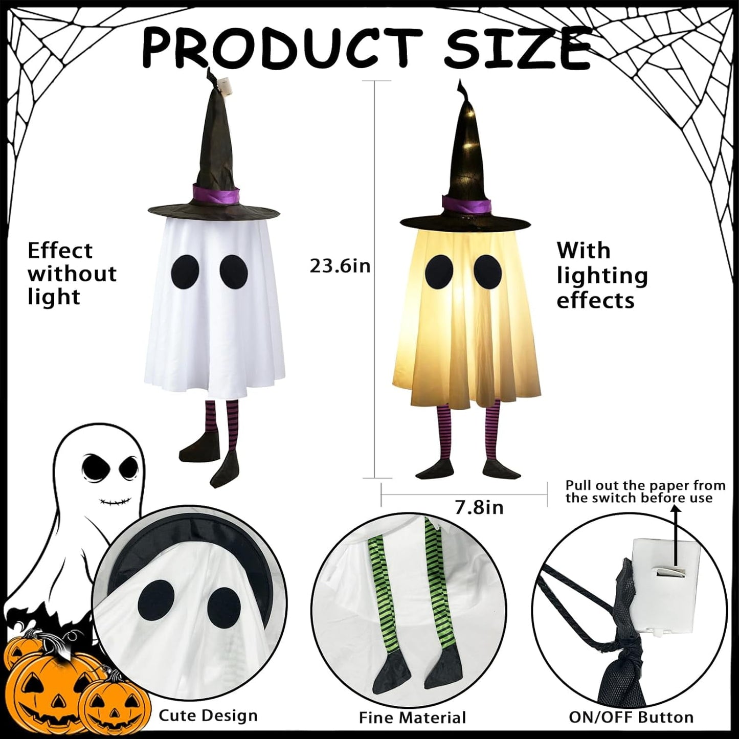 TETOU Set of 3 Halloween Hanging Ghosts,Halloween Decorations Outdoor Hanging Ghosts with Witch Hat,Glowing Ghost Witch Hat Lights Halloween Ghost Decor for Yard Patio Garden Tree Outside