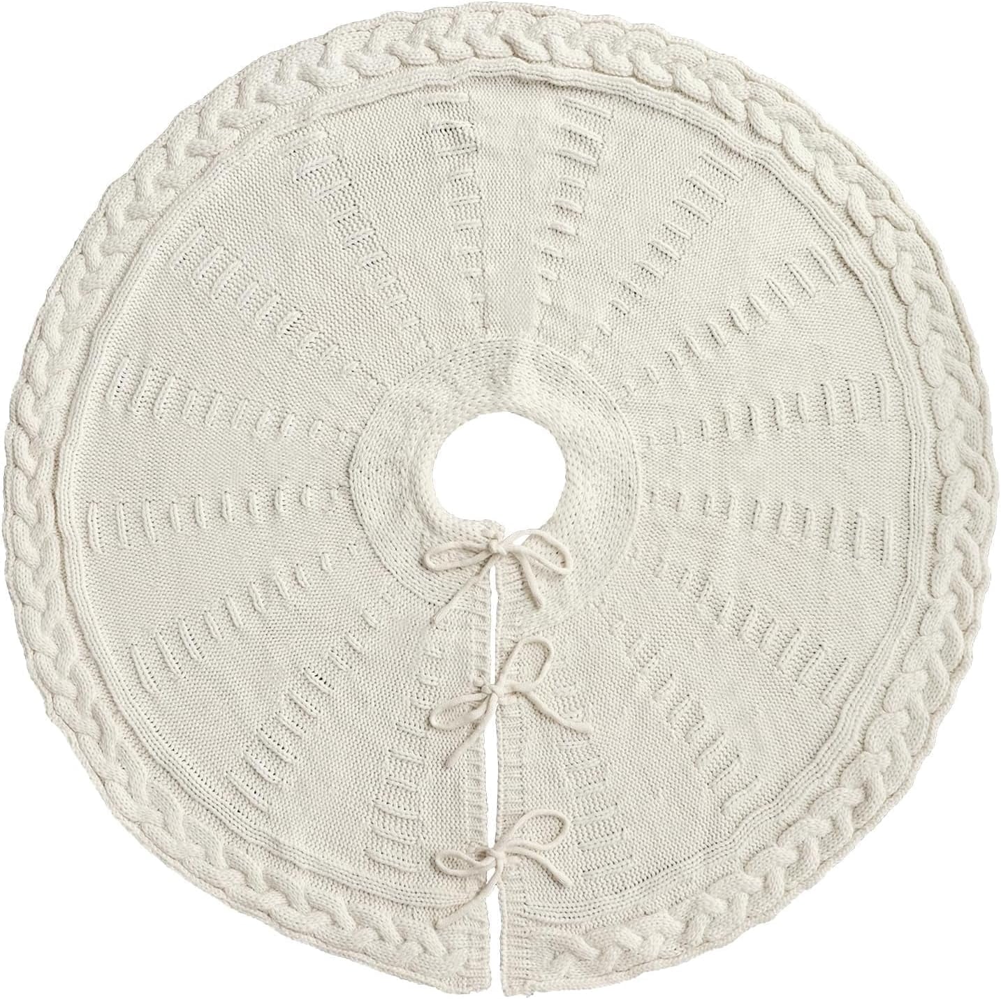 TETOU 36In Knitted Christmas Tree Skirt, Cream White Tree Skirt, Braided Cable Knit Thick Rustic Christmas Tree Decorations, Farmhouse Christmas Decor Xmas Holiday Home Party Decorations