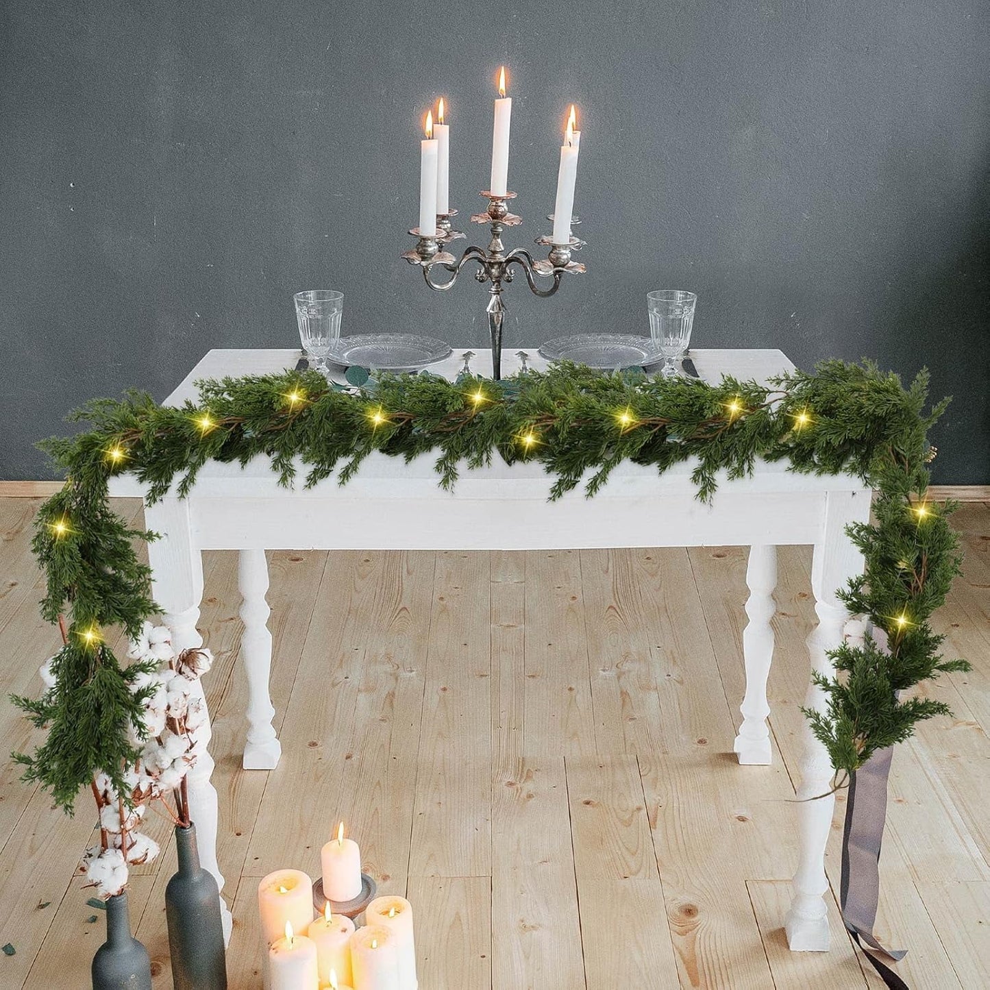 TETOU Christmas Cedar Garland, Pre-lit Faux Cypress Garland, Realistic Artificial Greenery Pine Garland, Christmas Decoration for Indoor Table Mantle Wall Fireplace Shelf Winter Decor - 1Pack