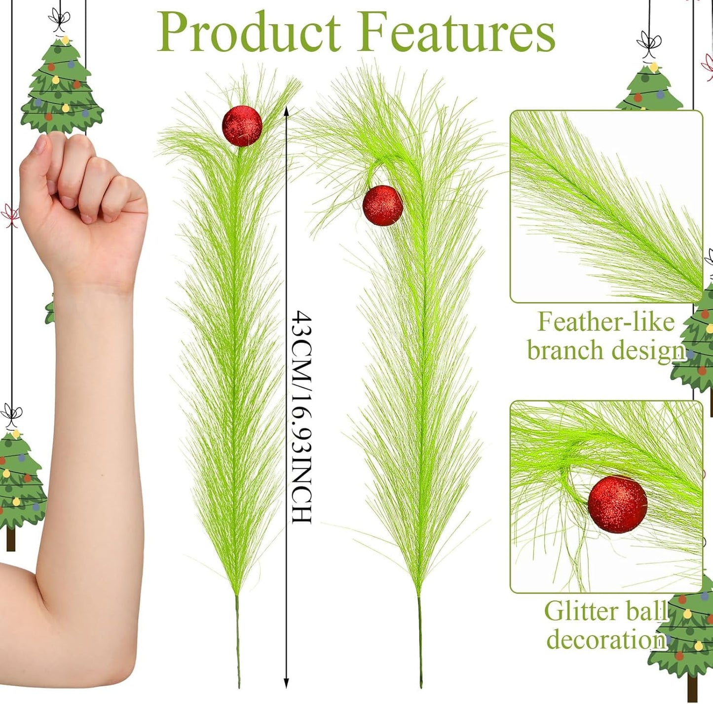 TETOU 8 Pcs Christmas Tree Topper,17'' Red Green Curly Stems Christmas Tree Ornaments for Christmas Tree Home Office Wreath Craft Decorations