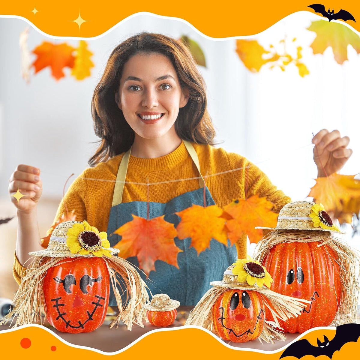 TETOU 7 Pcs Artificial Pumpkins, Faux Foam Fall Orange Pumpkins Decor for Halloween Thanksgiving Indoor Outdoor Home Autumn Farmhouse Harvest Tabletop Decorations