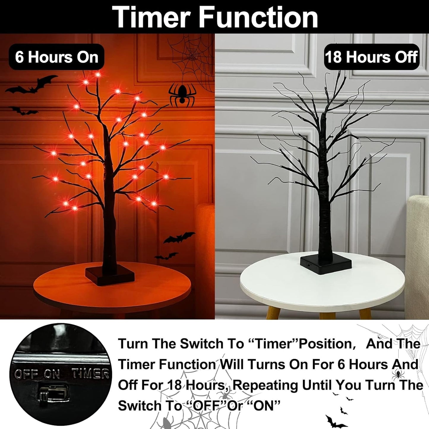 TETOU 2pcs-24inch Halloween Lighted Birches Tree,Total 24 LED Battery Operated Artificial Black Spooky Tree with Timer Hallowe'en Decoration for Fall Home,Bedroom,Office,Wedding,Indoor Party