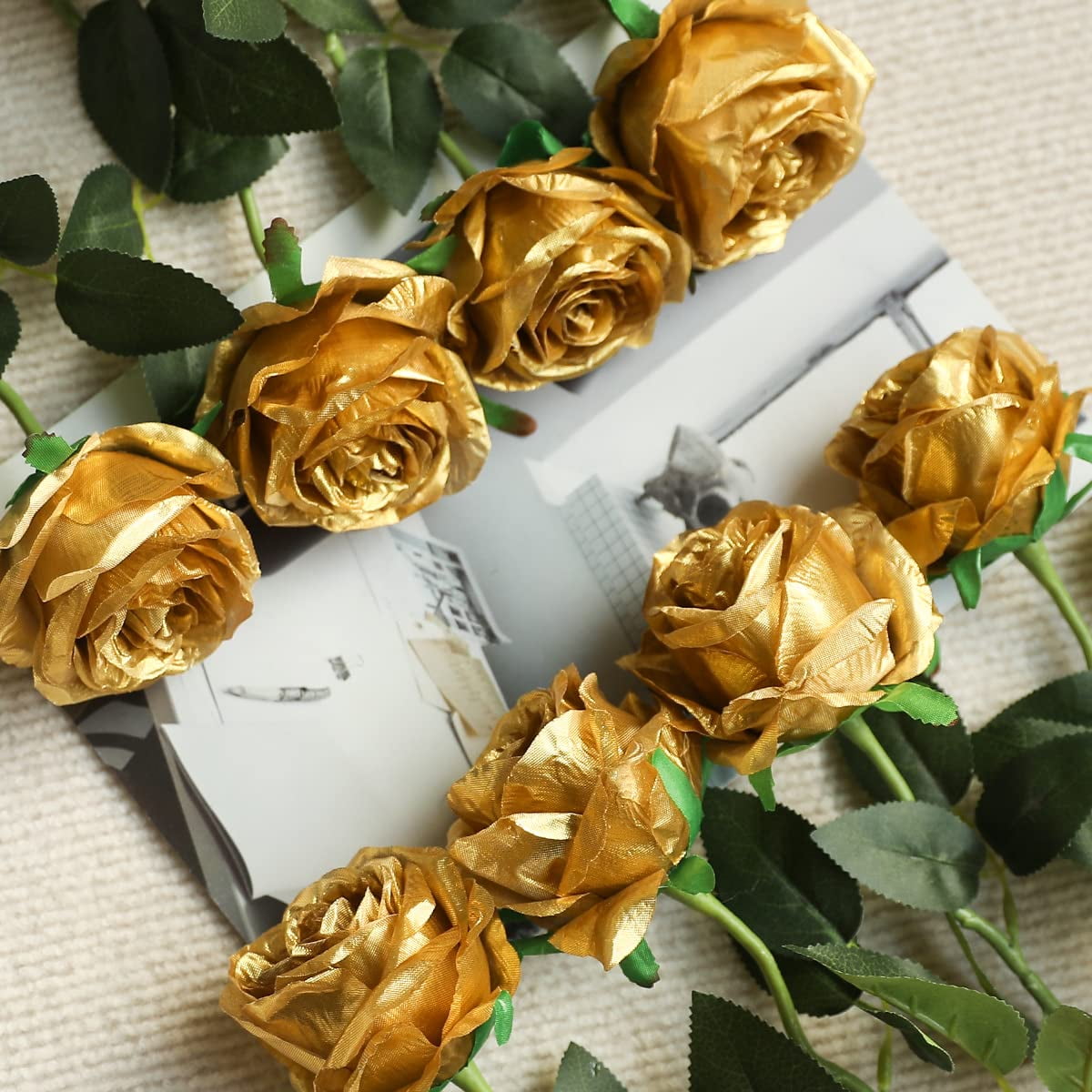 TETOU Gold Rose 10pcs Artificial Rose Flowers Silk Roses Real Touch for Party Bridal Wedding Bouquet Decor