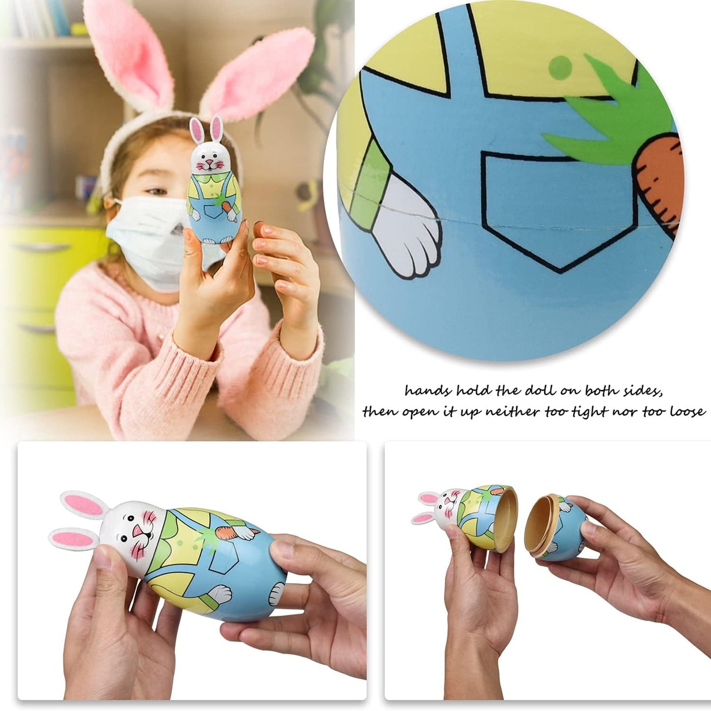 TETOU Easter Bunny Russian Nesting Dolls Toys 5pcs Animal Rabbit Wooden Matryoshka Doll Birthday Gift Decor