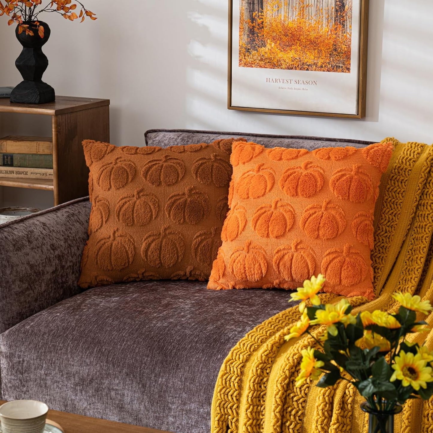 TETOU Fall Pillow Covers,18"x18"Set of 2 Fall Rust Red Pumpkin Pillow Cases,Soft Faux Fur Wool Couch Cushion for Sofa Bedroom Living Room Home Farmhouse Fall Halloween Thanksgiving Decor