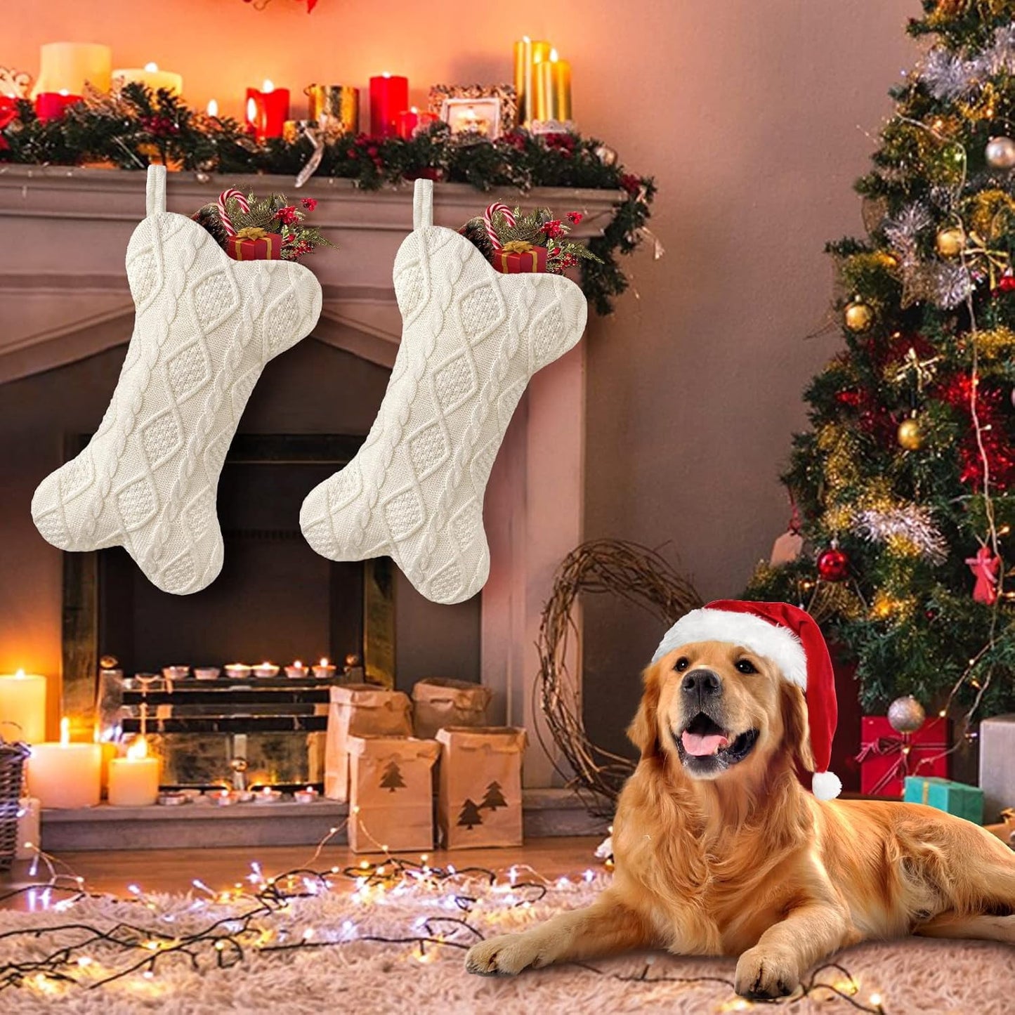 TETOU Dog Christmas Stocking, Bone Shape Knit Stocking, Xmas Dog Stocking, Hanging Christmas Decoration for Dogs Cats Pets Xmas Holiday Indoor Party-White
