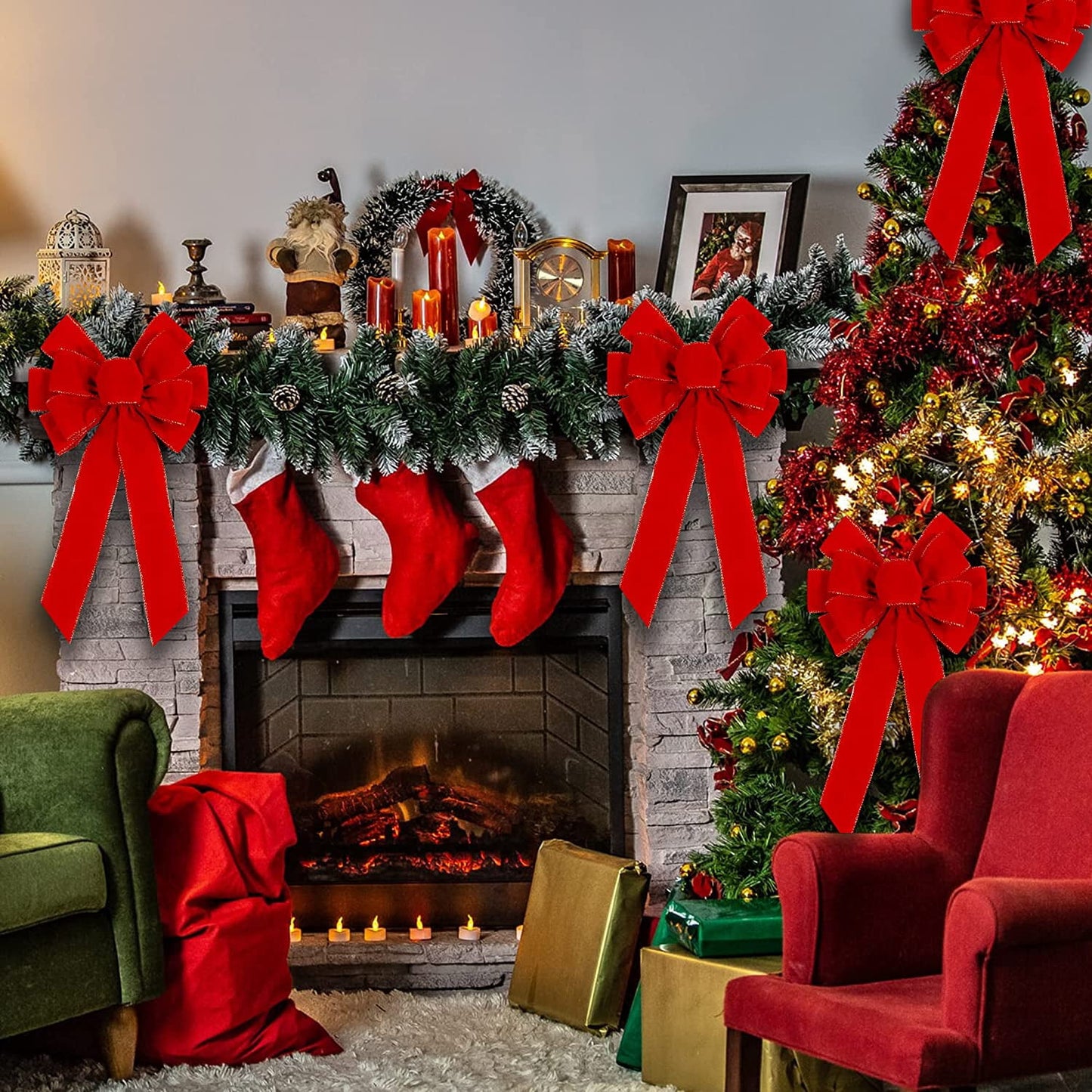 TETOU 2pcs Christmas Red Bows Outdoor Decorations, 11.4 x 19.6 Inch Large Christmas Tree Topper Bow,Velvet Wreath Bow with Glitter Gold Edge for Xmas Wreath Garland Home Fireplace Wedding Party Decor