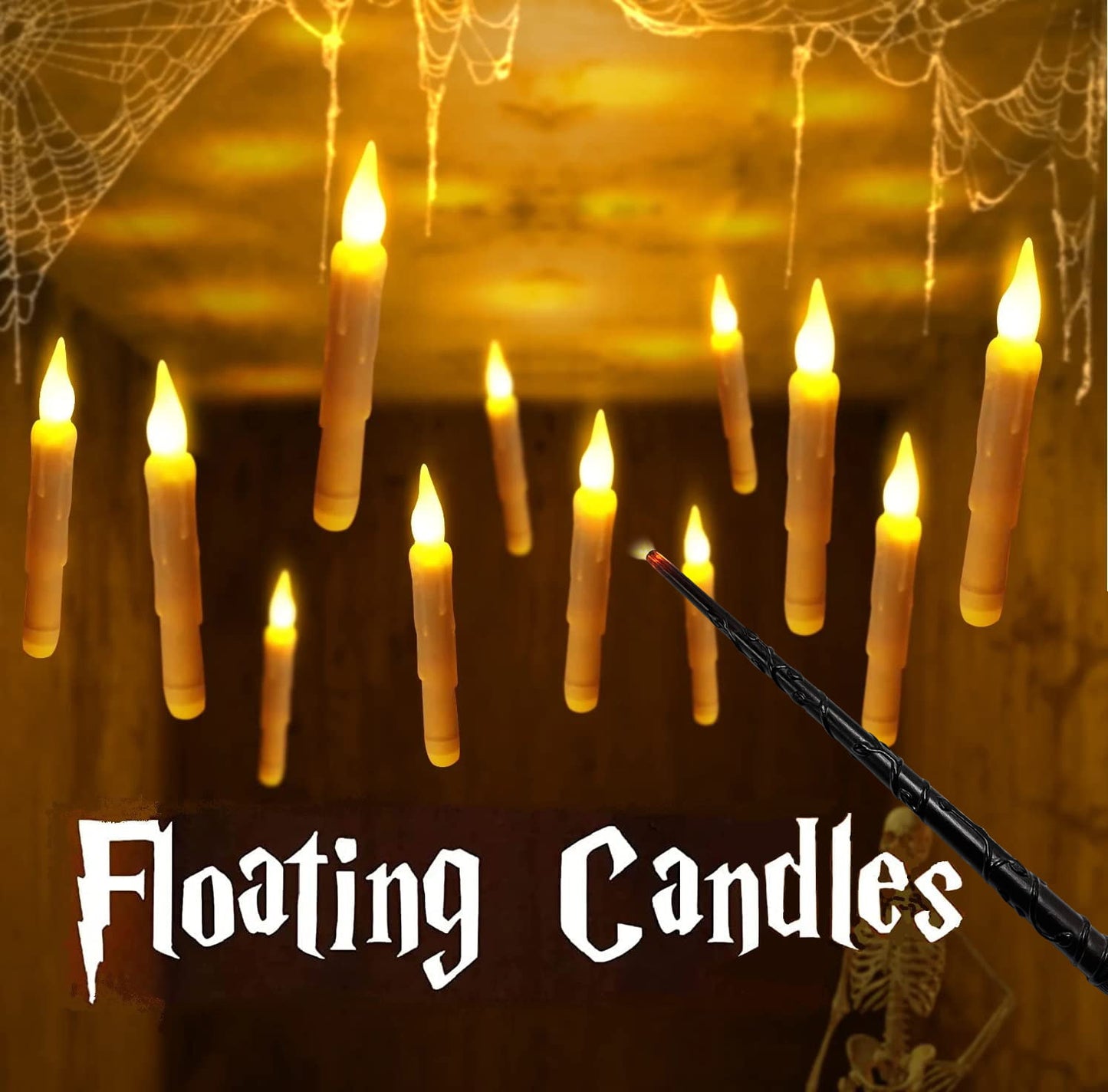 TETOU Floating LED Candles with Wand Remote Control Flameless Candle for Hallowe'en Home Thanksgiving Christmas Party Decoration