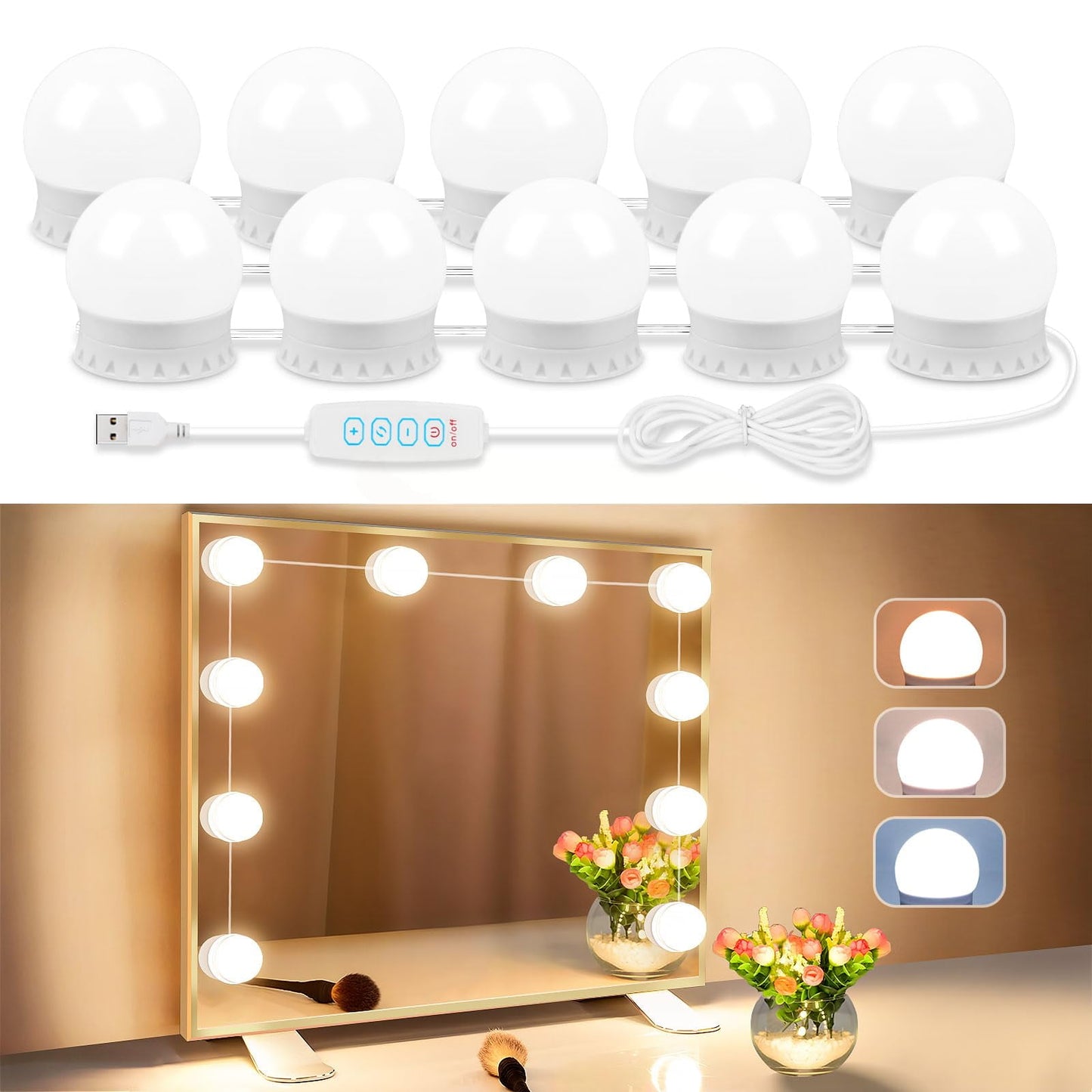 TETOU 10 LED Vanity Lights for Mirror 10 Level Brightness Adjustable USB Cable Makeup Dressing Room Bathroom Dimmable Light Bulbs