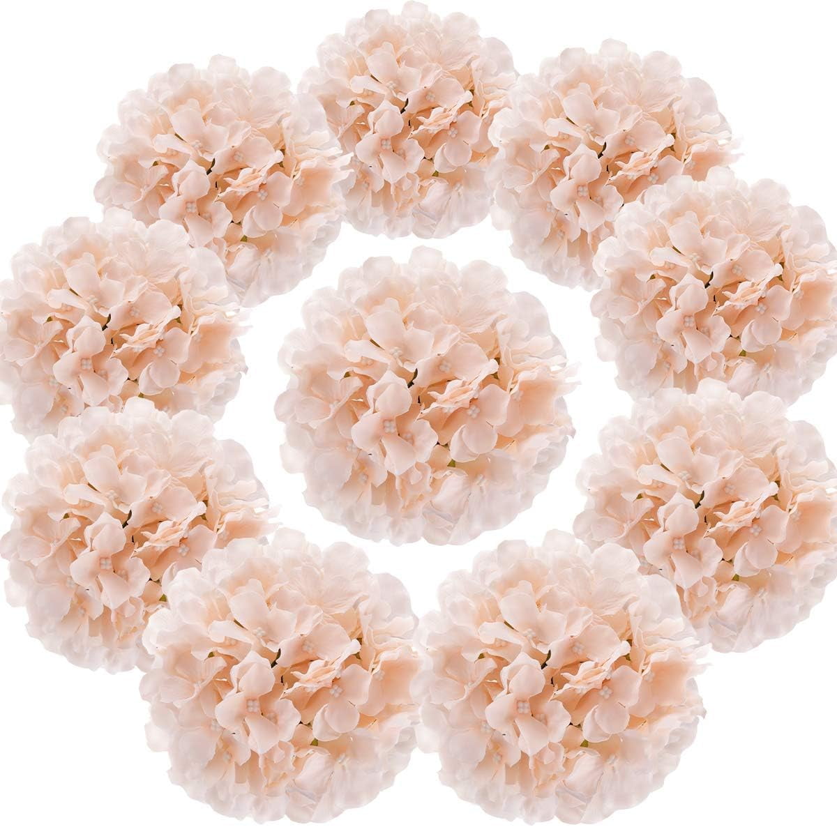 TETOU 10Pcs Silk Hydrangea Heads, Artificial Flowers Heads Fake Flower with Stems for Home Wedding Family Party Decoration - Champagne
