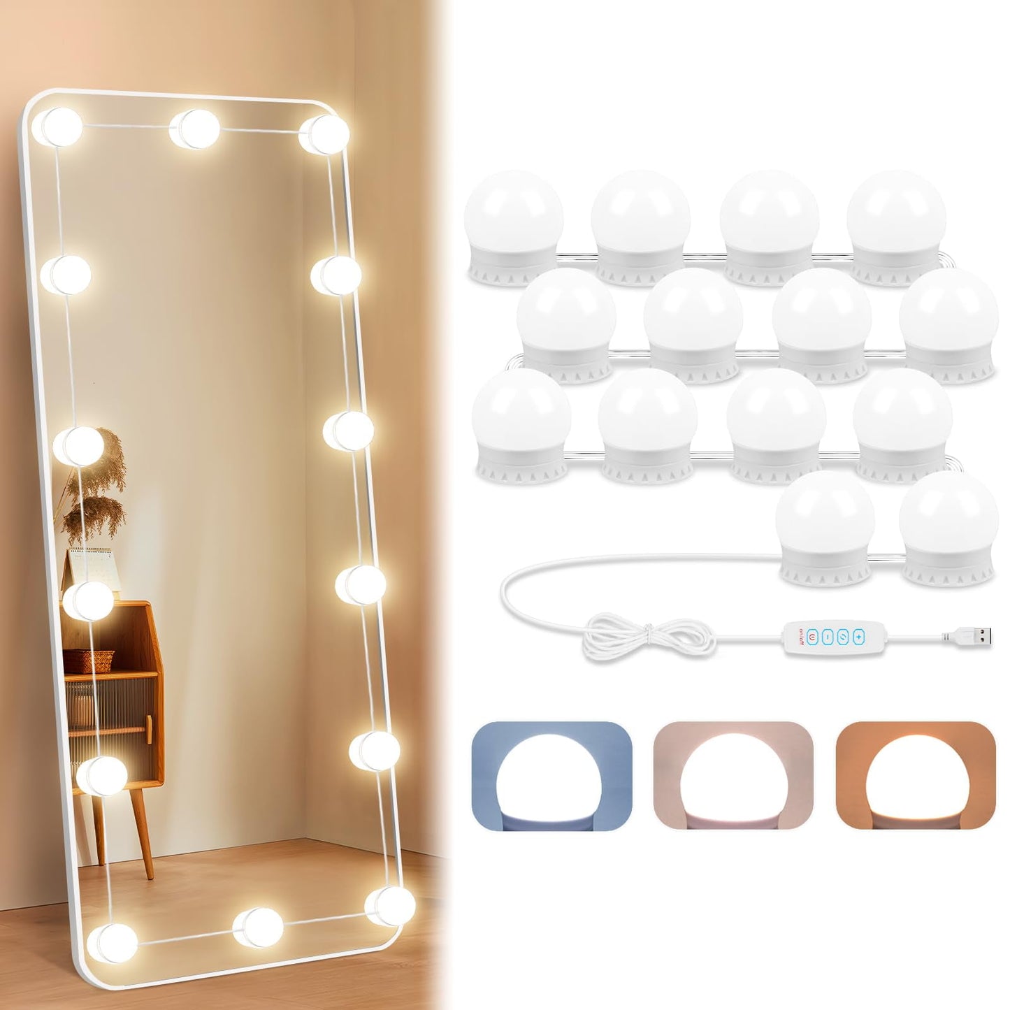 TETOU 10 LED Vanity Lights for Mirror 10 Level Brightness Adjustable USB Cable Makeup Dressing Room Bathroom Dimmable Light Bulbs