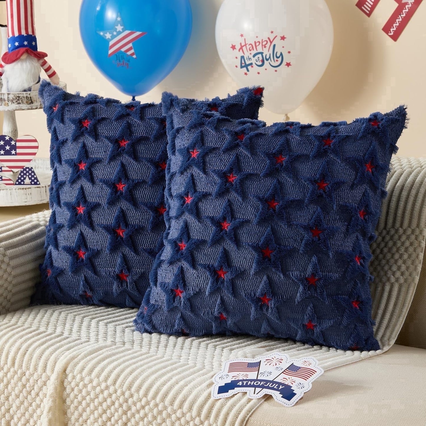 TETOU 4th of July Patriotic Pillow Covers ,18"x18"Set of 2 4th of July Decor Blue Embroidery Star Decor Soft Plush Faux Fur Jacquard Throw Pillows for Independence Day Home Party Sofa Decorations