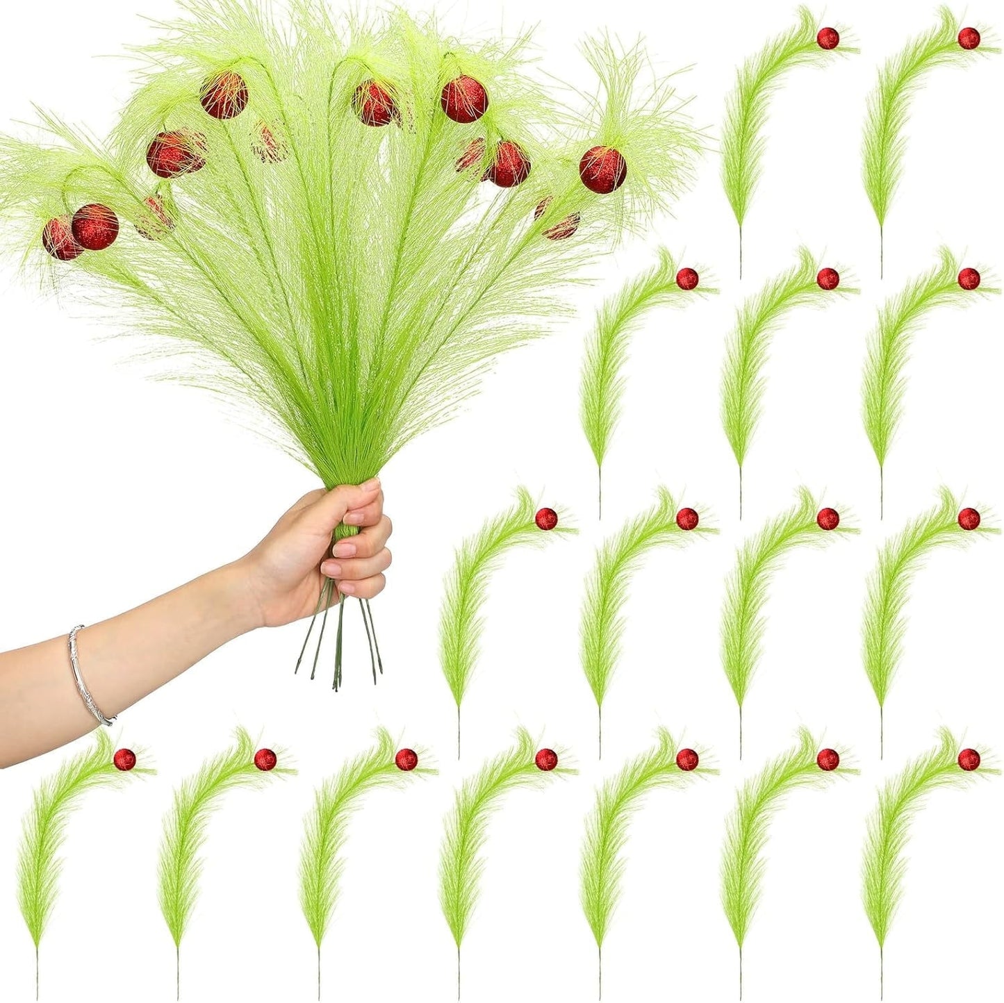 TETOU 8 Pcs Christmas Tree Topper,17'' Red Green Curly Stems Christmas Tree Ornaments for Christmas Tree Home Office Wreath Craft Decorations