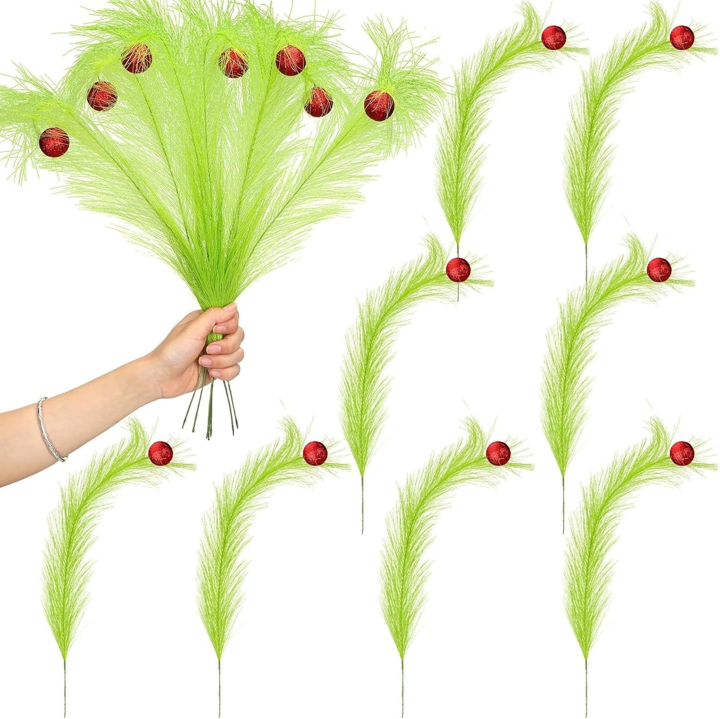 TETOU 8 Pcs Christmas Tree Topper,17'' Red Green Curly Stems Christmas Tree Ornaments for Christmas Tree Home Office Wreath Craft Decorations