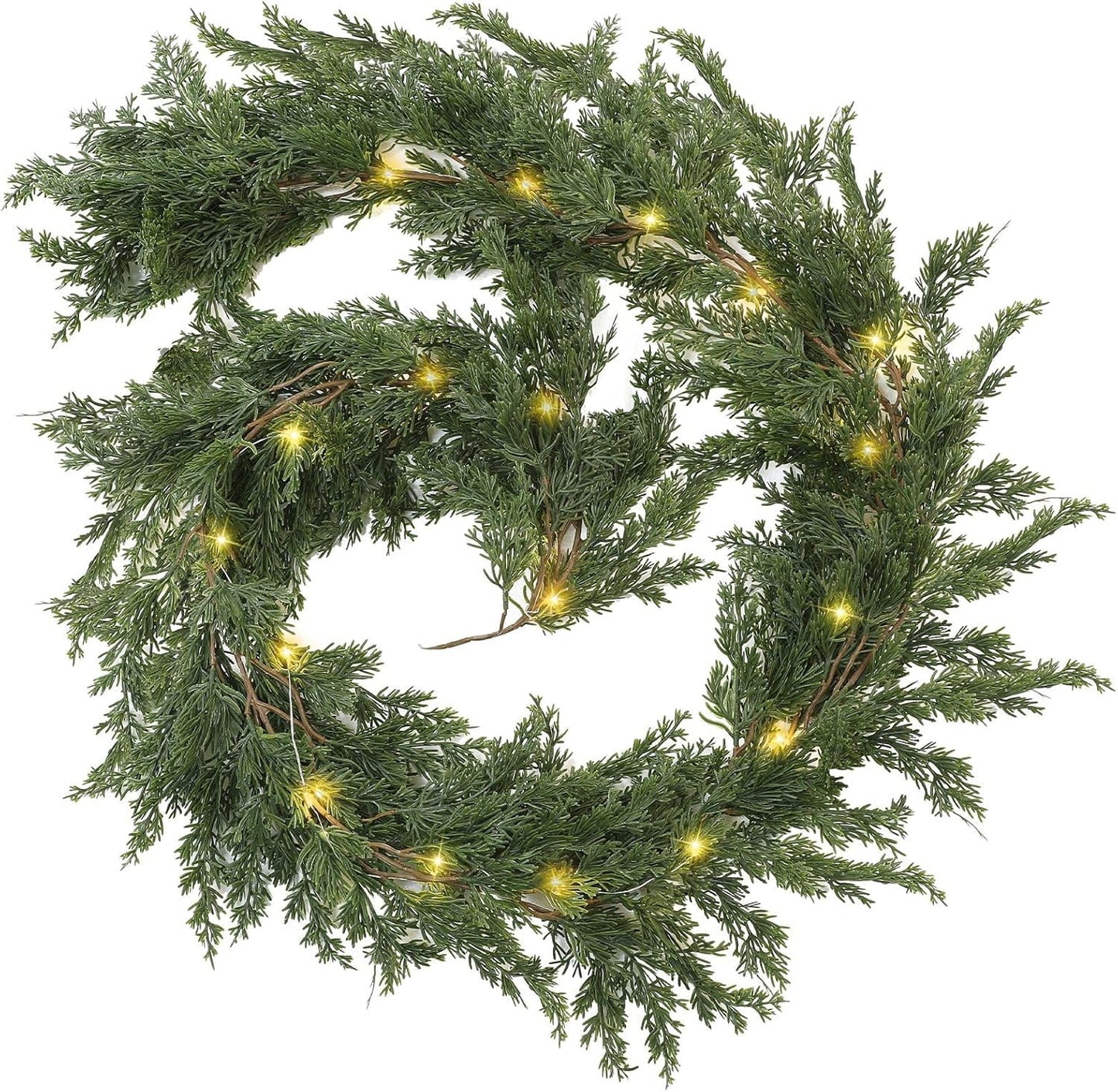 TETOU Christmas Cedar Garland, Pre-lit Faux Cypress Garland, Realistic Artificial Greenery Pine Garland, Christmas Decoration for Indoor Table Mantle Wall Fireplace Shelf Winter Decor - 1Pack