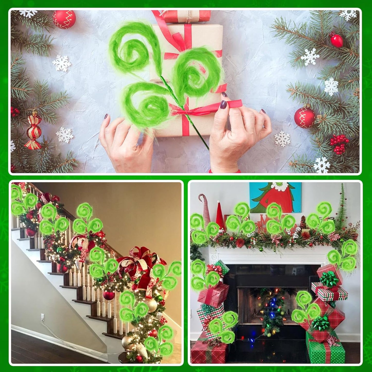TETOU 6 Pcs Christmas Tree Topper,17 Inch Christmas Tree Picks,Green Curly Furry Christmas Tree Ornament for Christmas Tree Topper Filler Branches Home Holiday Party Decorations