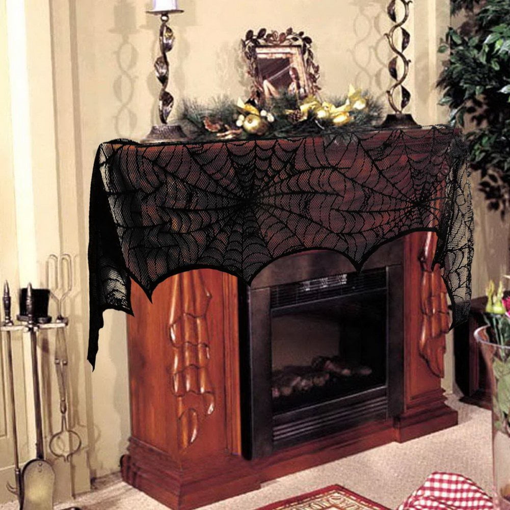 Halloween Decoration Black Lace Spiderweb Fireplace Mantle Scarf Cover Festive Party Supplies