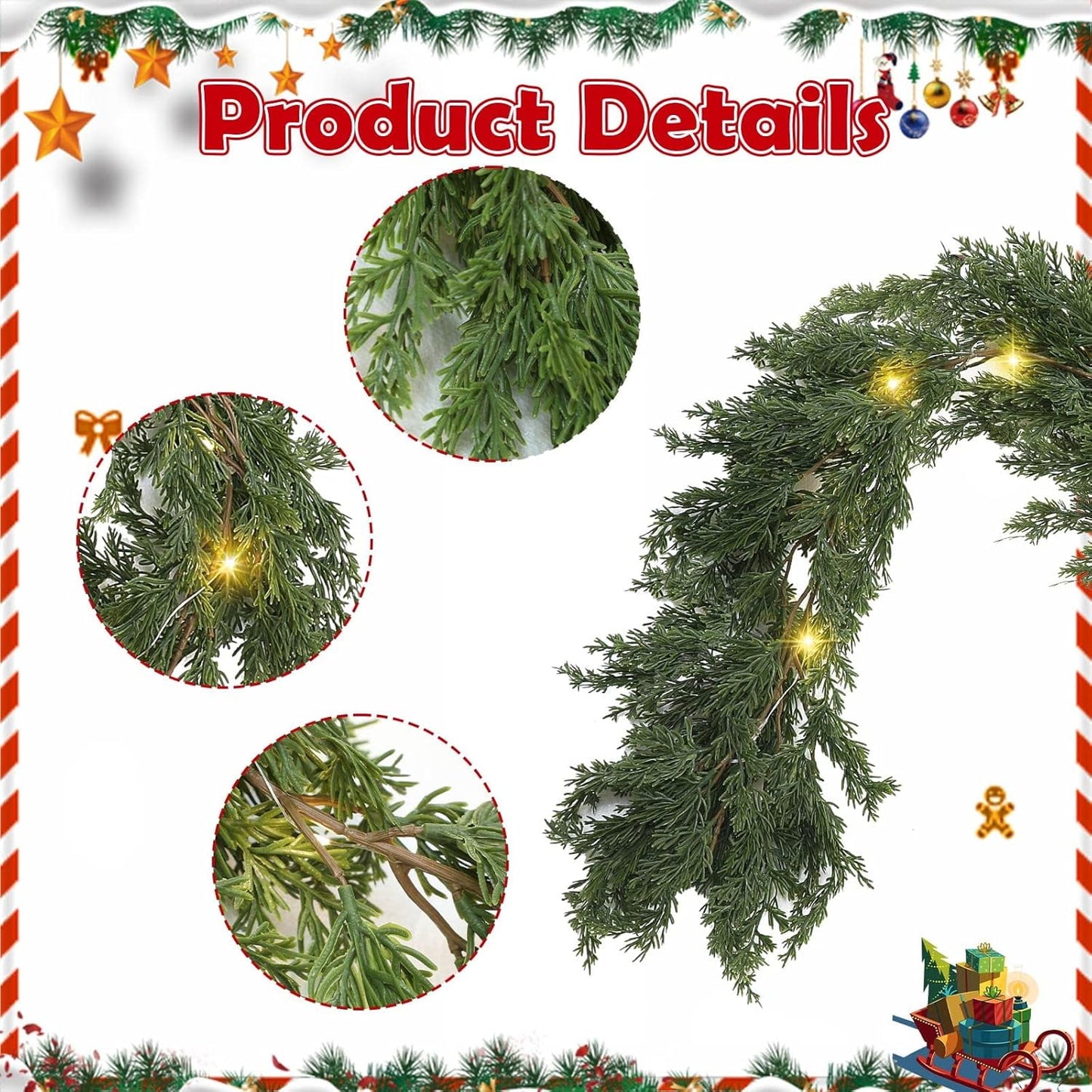 TETOU Christmas Cedar Garland, Pre-lit Faux Cypress Garland, Realistic Artificial Greenery Pine Garland, Christmas Decoration for Indoor Table Mantle Wall Fireplace Shelf Winter Decor - 1Pack