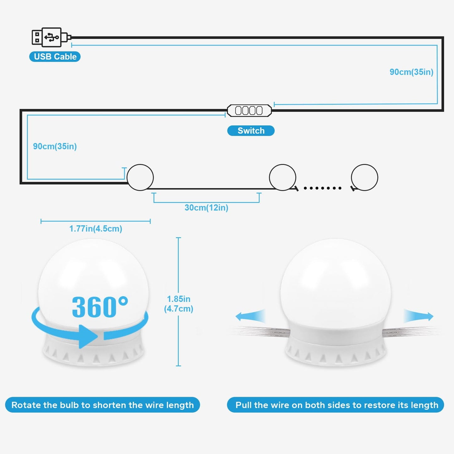 TETOU 10 LED Vanity Lights for Mirror 10 Level Brightness Adjustable USB Cable Makeup Dressing Room Bathroom Dimmable Light Bulbs
