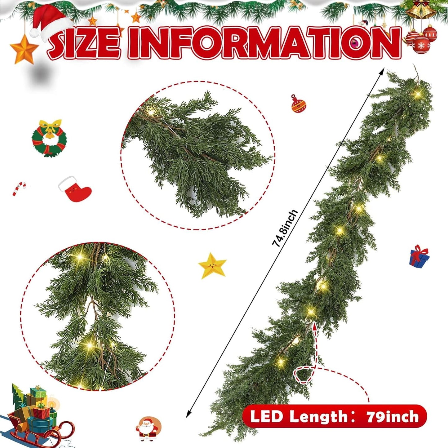 TETOU Christmas Cedar Garland, Pre-lit Faux Cypress Garland, Realistic Artificial Greenery Pine Garland, Christmas Decoration for Indoor Table Mantle Wall Fireplace Shelf Winter Decor - 1Pack