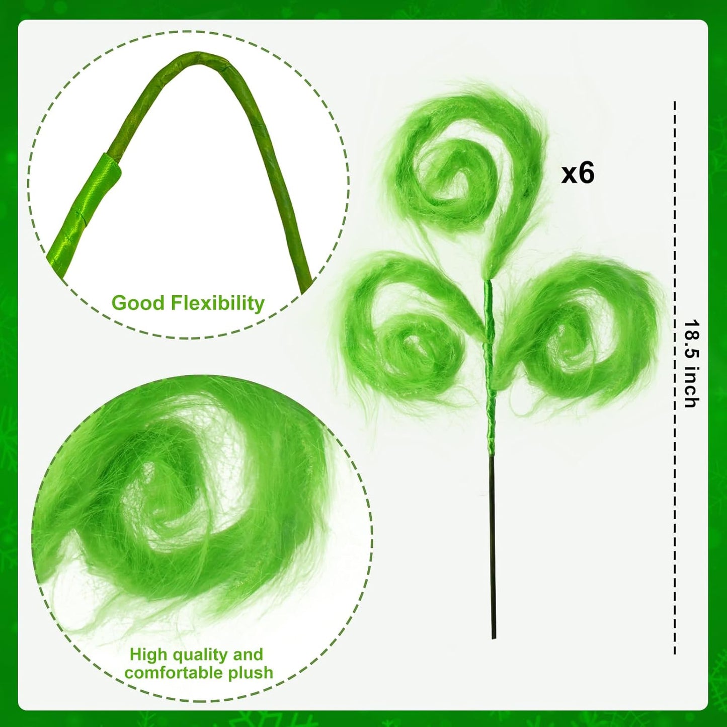 TETOU 6 Pcs Christmas Tree Topper,17 Inch Christmas Tree Picks,Green Curly Furry Christmas Tree Ornament for Christmas Tree Topper Filler Branches Home Holiday Party Decorations