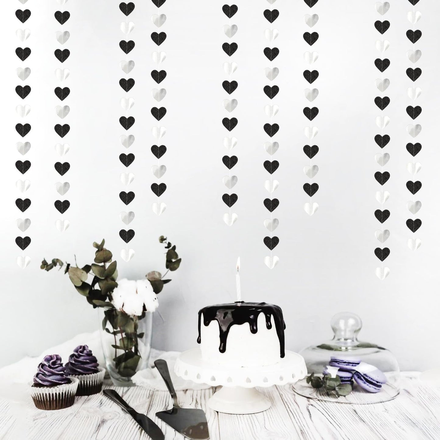 TETOU White-Black Champagne Party Decoration Heart Garland,52Ft Hanging Paper Backdrop Streamers for Birthday New Years Graduation Christmas Wedding Engagement Bachelorette Decoration