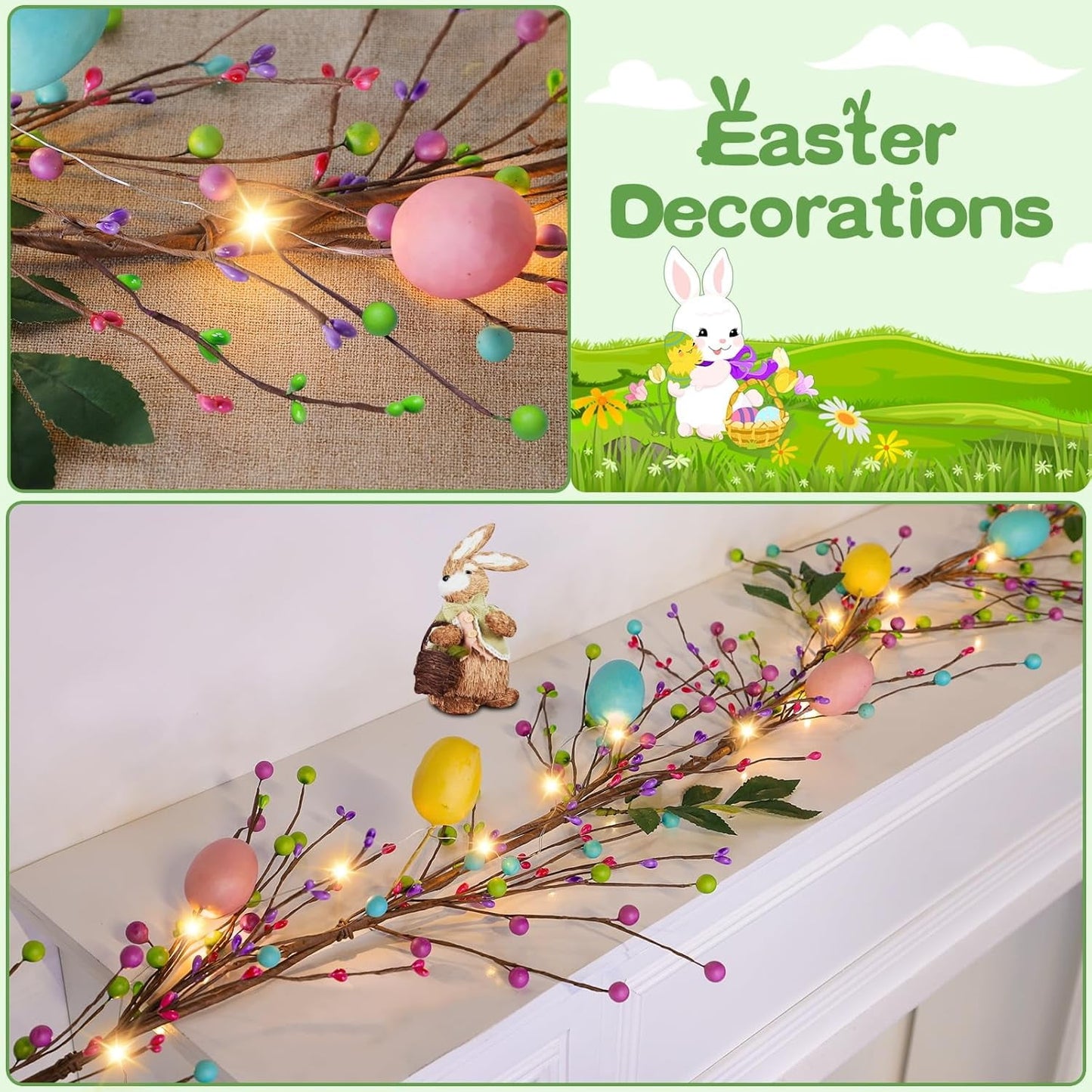 TETOU 6 Ft 20 LED Easter Egg and Mixed Berry Garland,Hanging Rustic Pastel Spring Easter Decor,Artificial Easter Garland with Light for Indoor Outdoor Home Fireplace Party Door Decoration