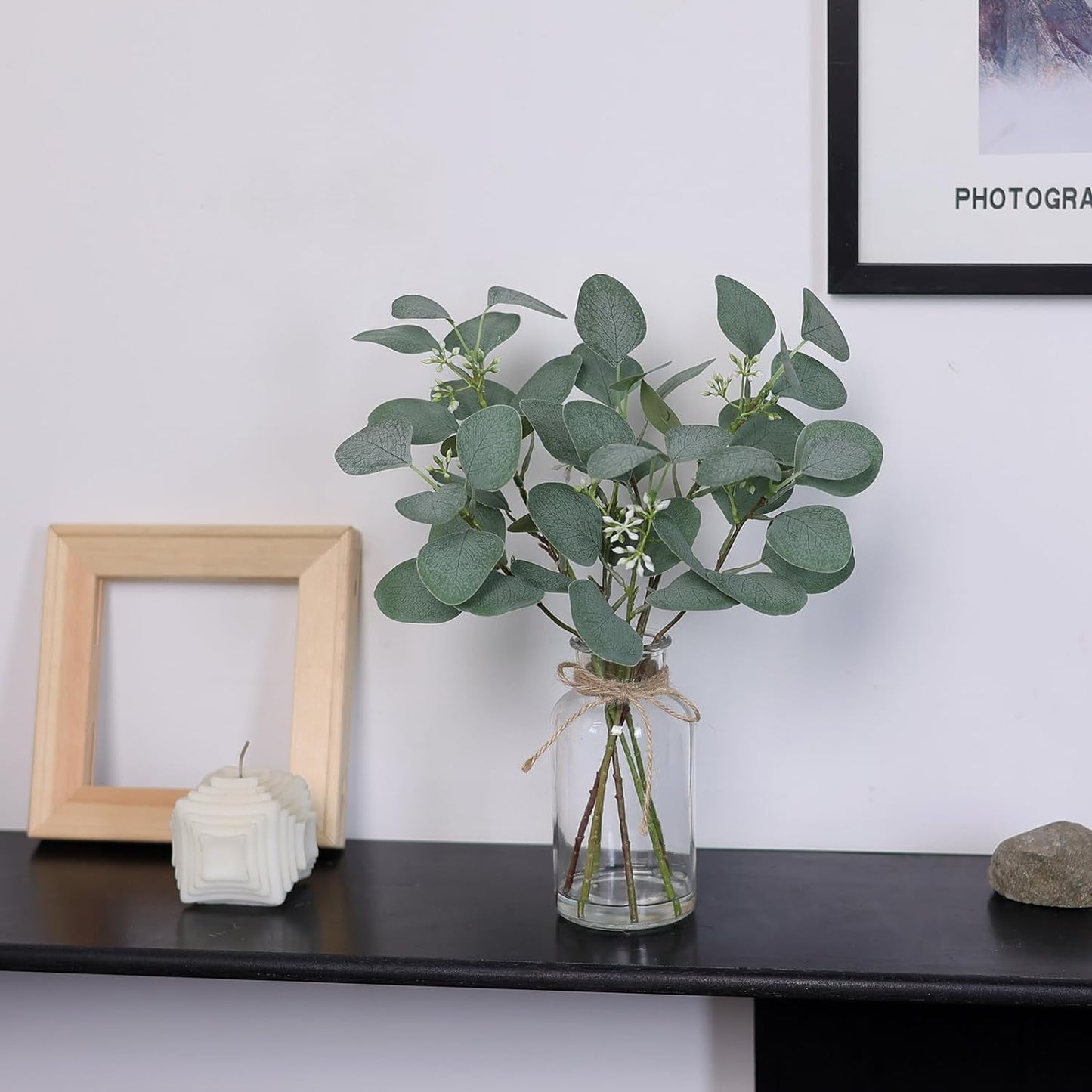 TETOU Artificial Eucalyptus Stems in Glass Vase with Faux Water, 13" Fake Plant Eucalyptus Leaves for Home Office Farmhouse Wedding Centerpiece Decor