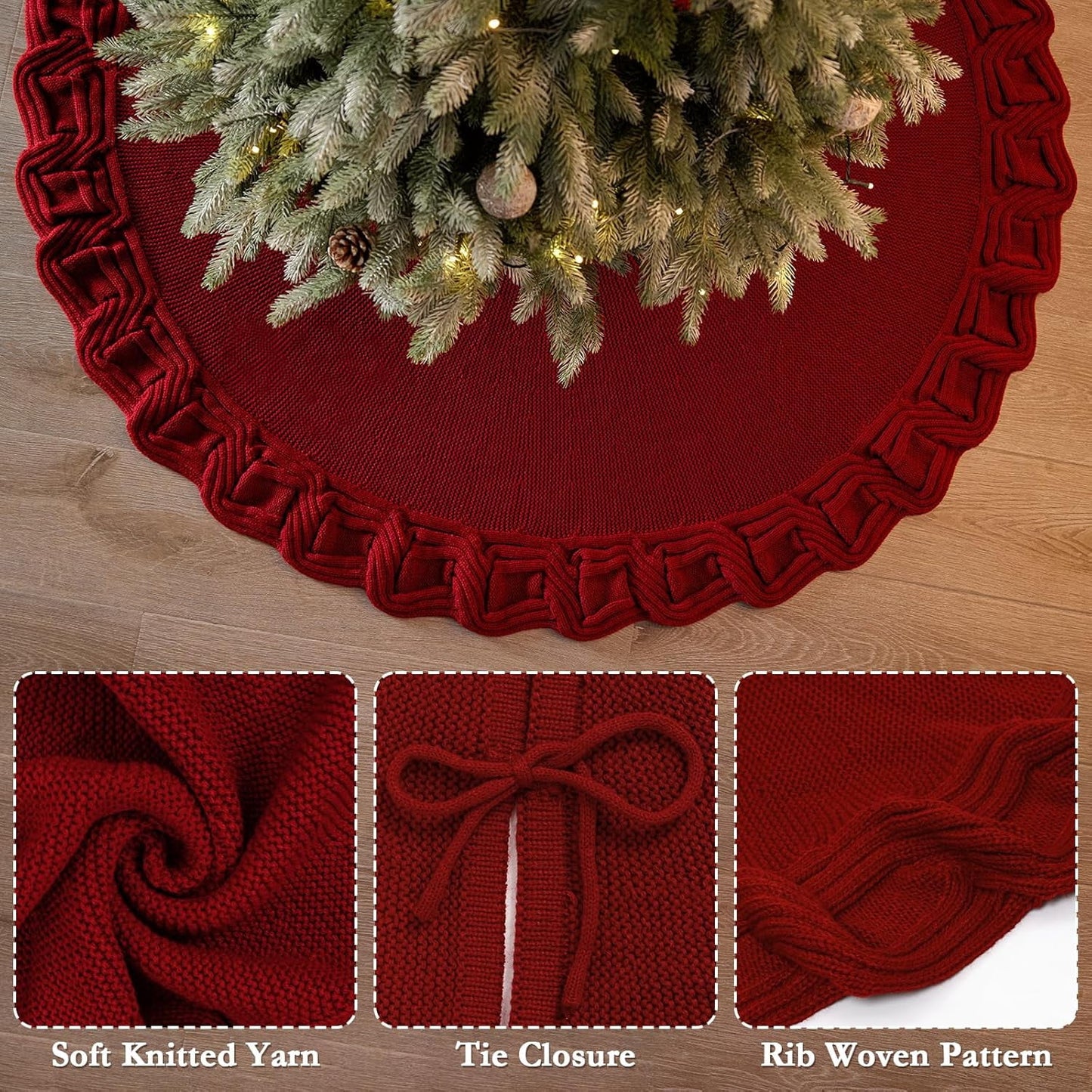 TETOU Knitted Christmas Tree Skirt 36in Red Tree Skirt Rustic Christmas Tree Decorations Xmas Holiday Party Decor