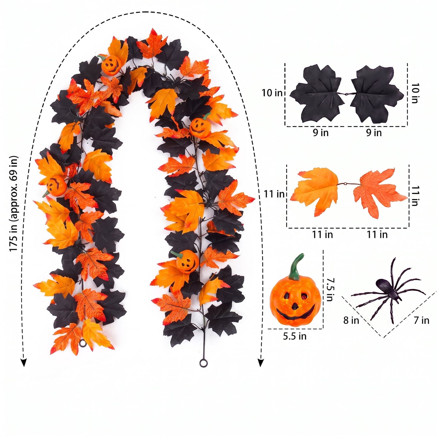 TETOU 2Pcs Fall Halloween Garland, 69" Halloween Pumpkin Maple Leaves Garland for Outdoor Indoor Fall Autumn Halloween Mantle Staircase Porch Party Decoration