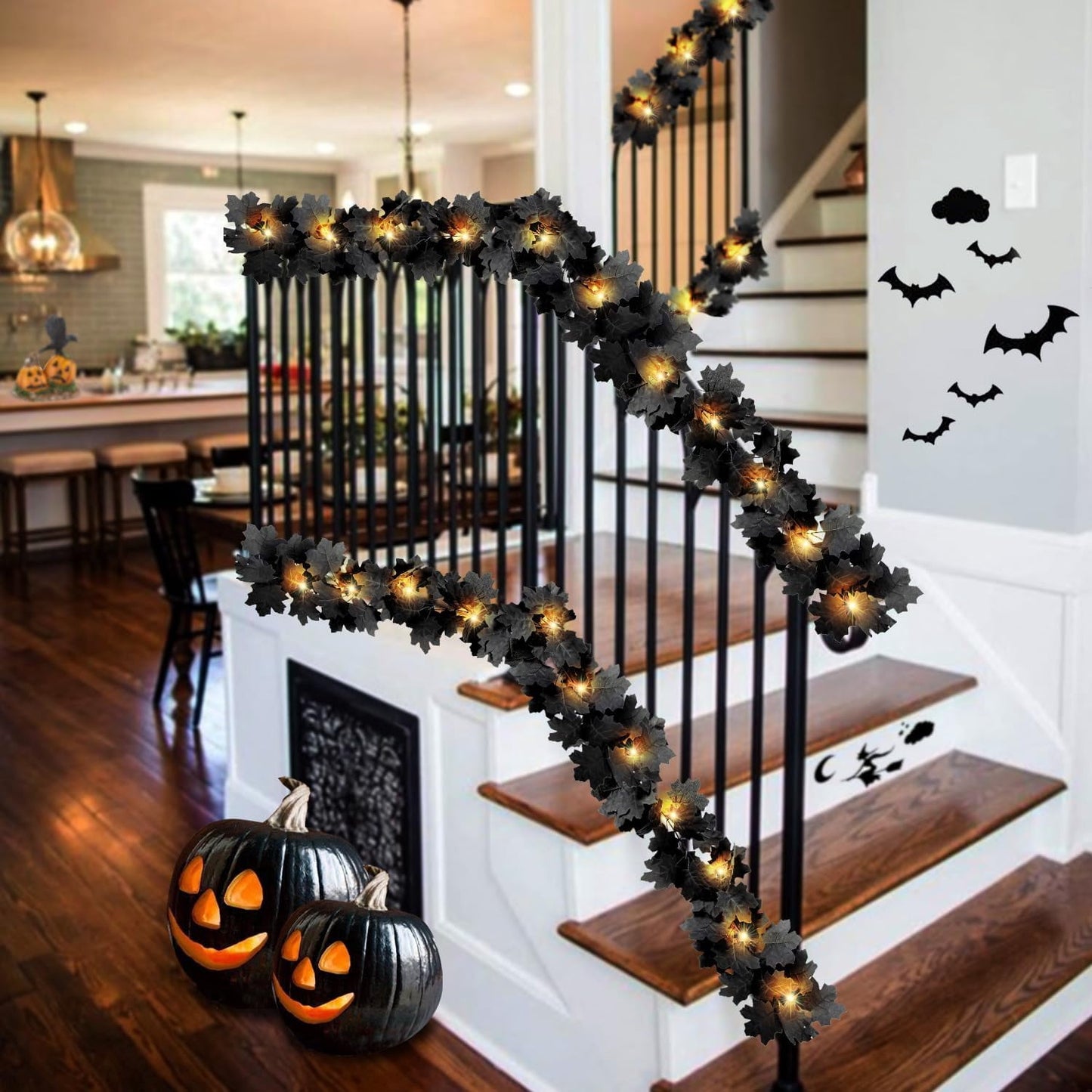 TETOU 2PCS Black Maple Leaf Garland with Warm Lights,5.7Ft Halloween Artificial Hanging Fall Leave Vines for Fall Halloween Party Home Mantle Wall Indoor Outdoor Decoration