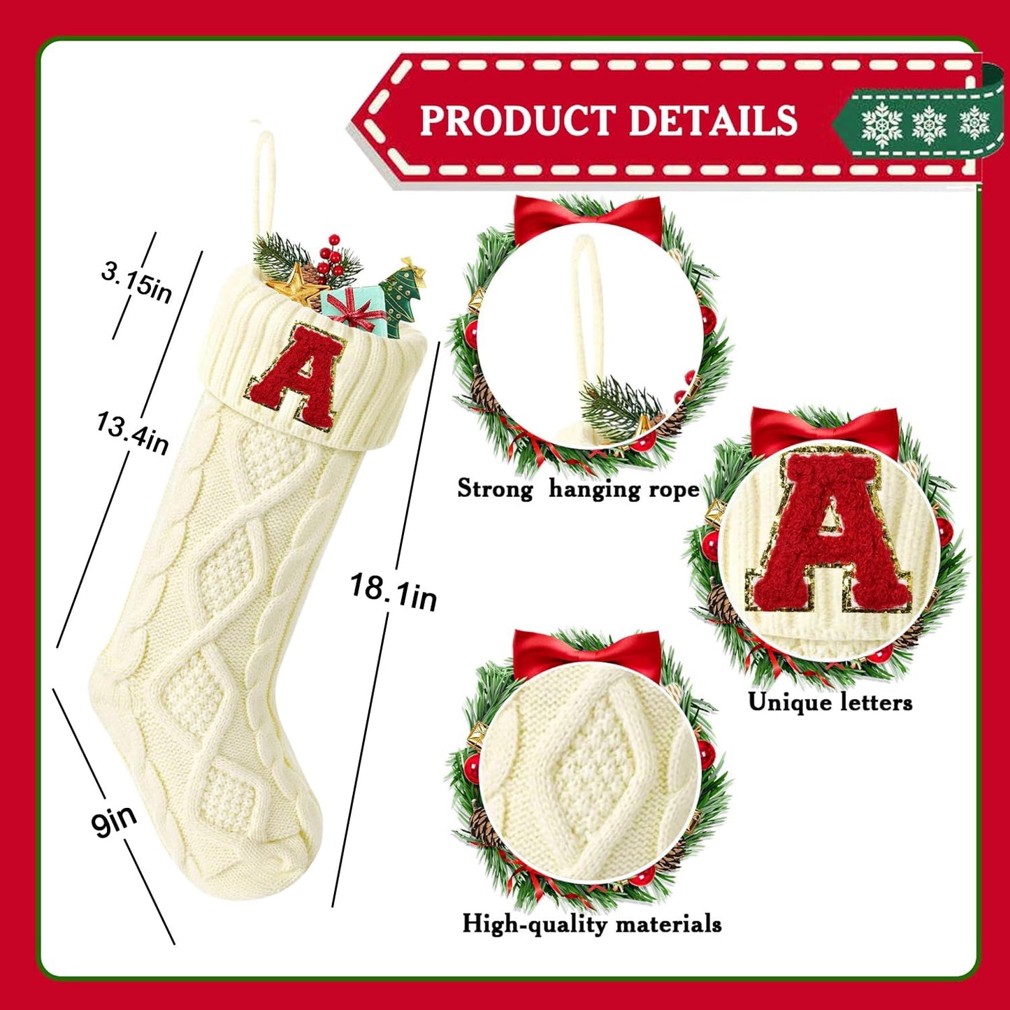 TETOU Christmas Stockings with Initials Letter 18" Stockings for Christmas Decoration - White R