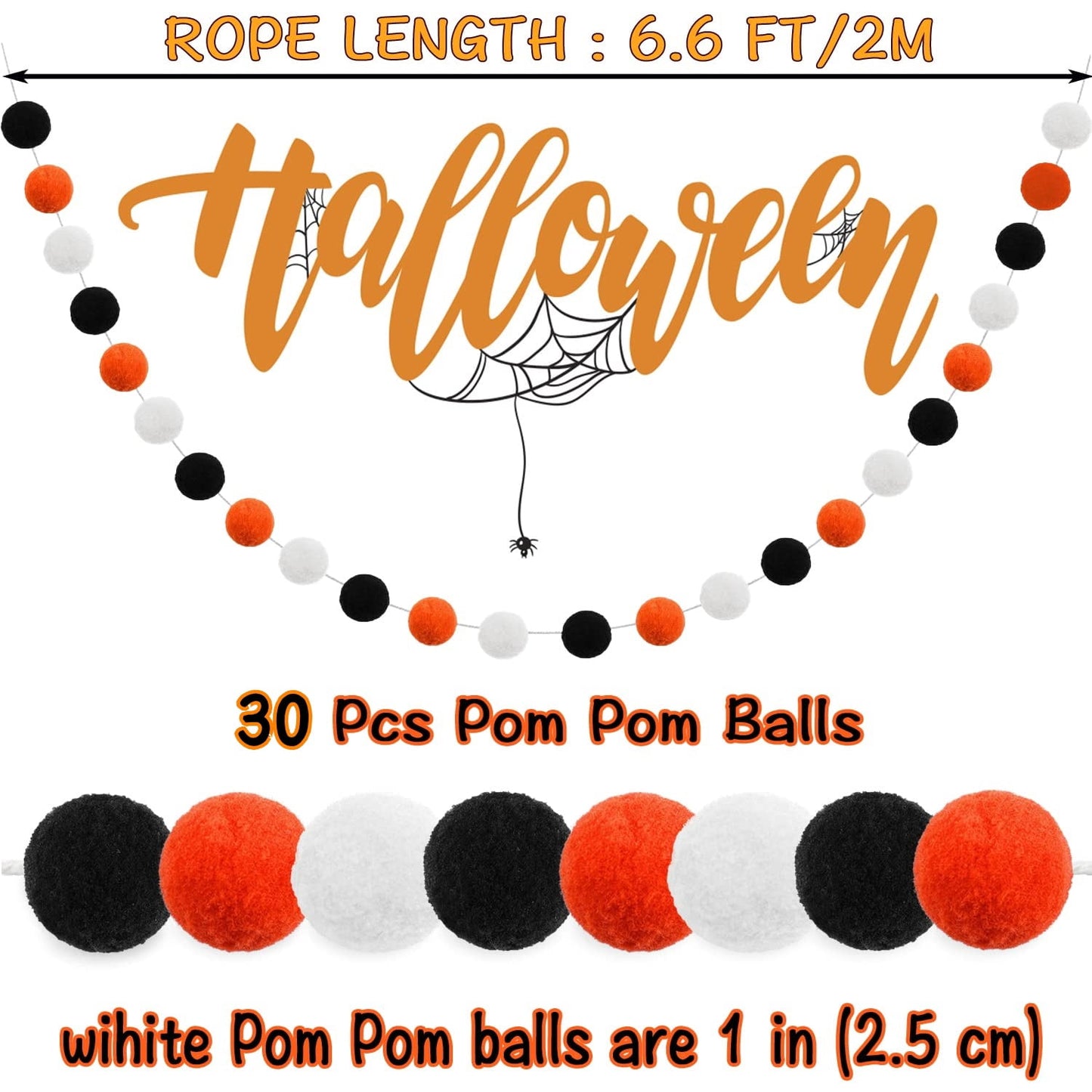 TETOU 3 Pack Pom Pom Orange Black White Halloween Garland,Ornament String Banner Felt Ball Garland Halloween Thanksgiving Party Decor