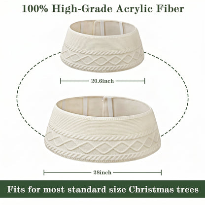 TETOU 28In Knitted Christmas Tree Collar,Cream Farmhouse Rustic Crossed Diamond Edge Christmas Tree Collars Tree Skirt for Christmas Tree Home Holiday Party Decoration