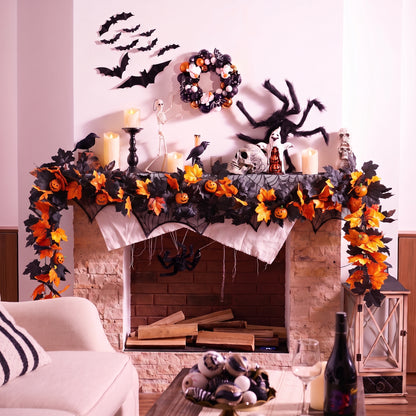 TETOU 2Pcs Fall Halloween Garland, 69" Halloween Pumpkin Maple Leaves Garland for Outdoor Indoor Fall Autumn Halloween Mantle Staircase Porch Party Decoration