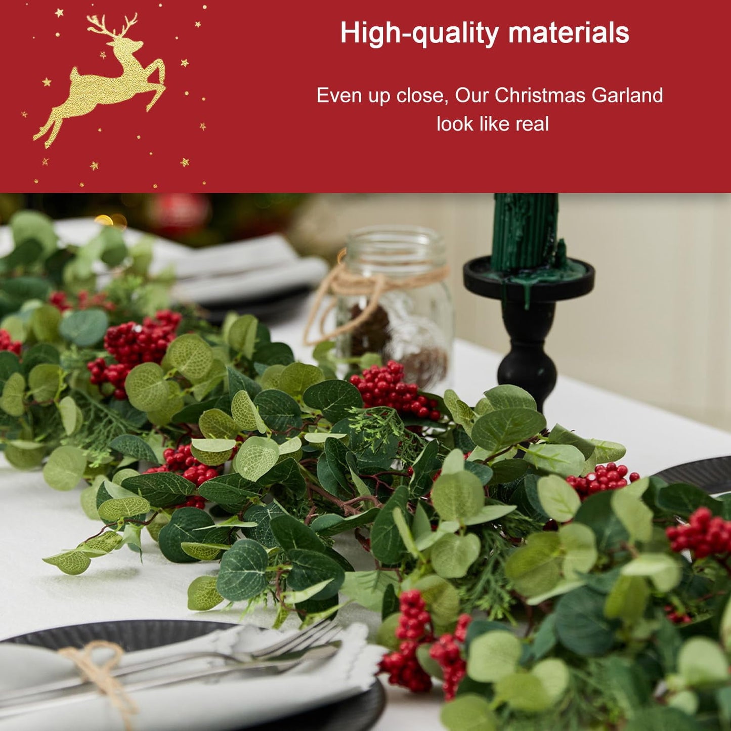 TETOU 6.3ft Christmas Garland Artificial Pine Cypress Eucalyptus Berries Greenery Garland Holiday Decor